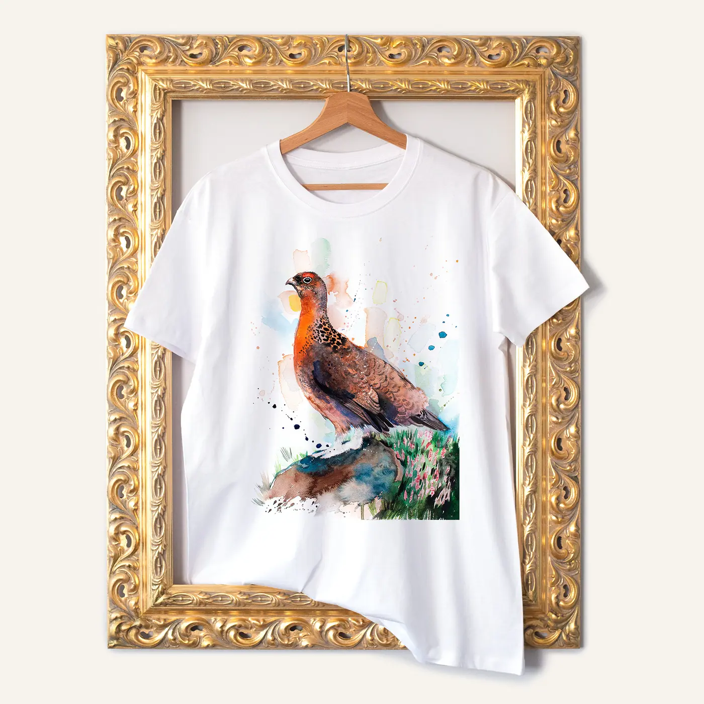 White t-shirt with a watercolour black grouse print