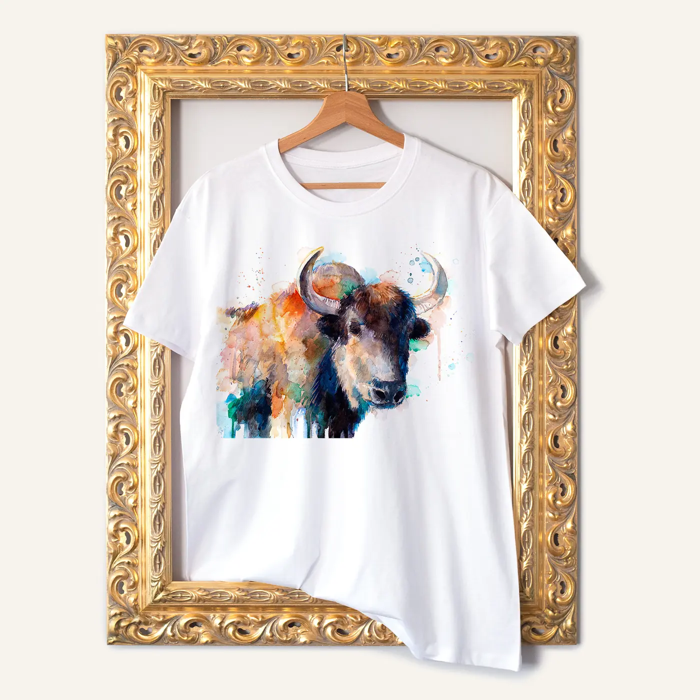 White t-shirt with a watercolour yak print