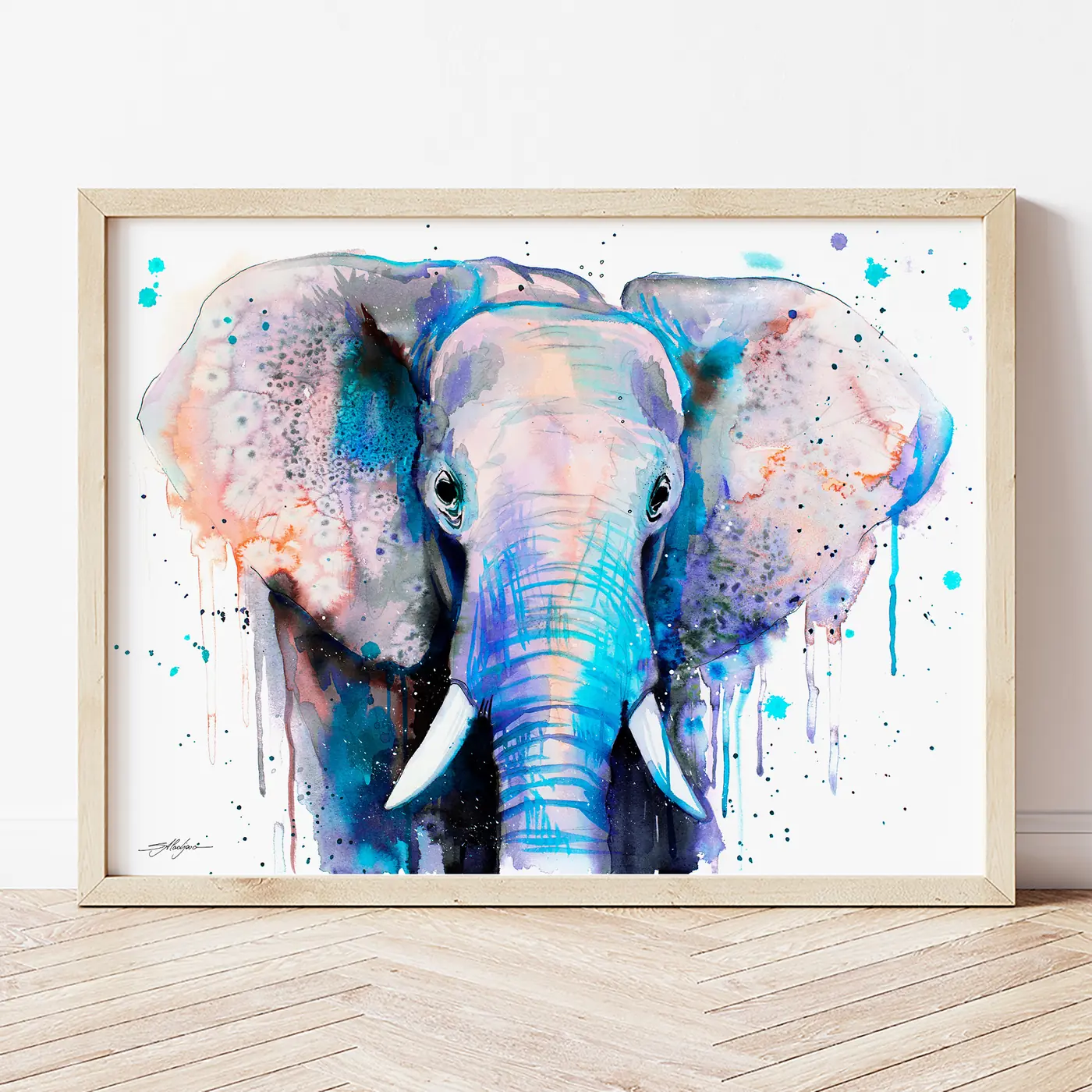 Art print with a watercolour elephant in blue print