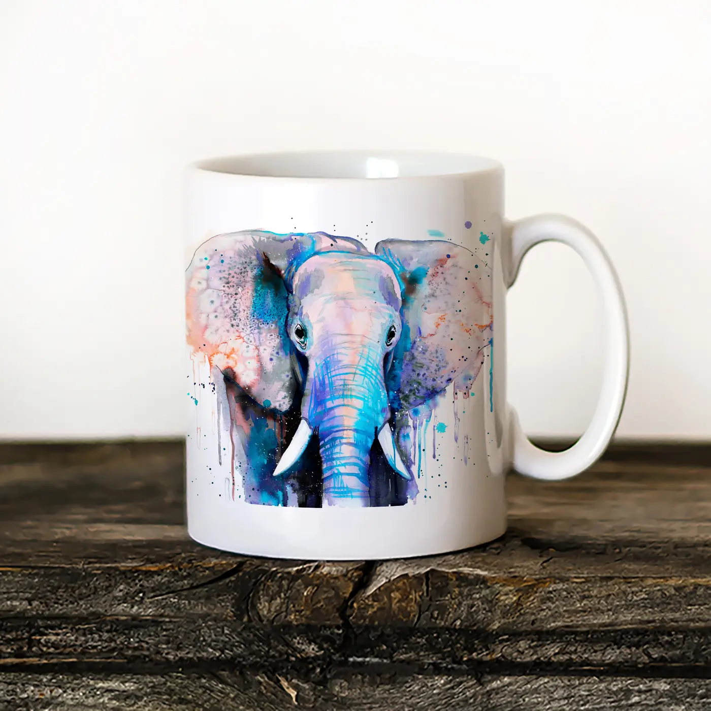 Ceramic mug with a watercolour elephant in blue print