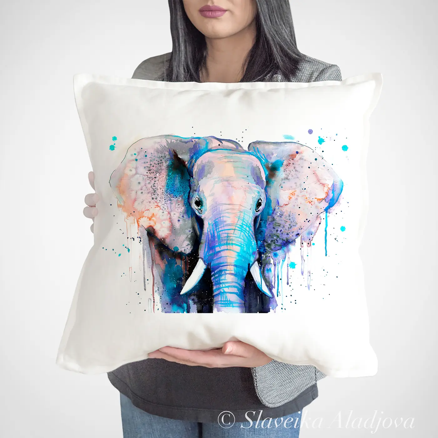 Cushion with a watercolour elephant in blue print