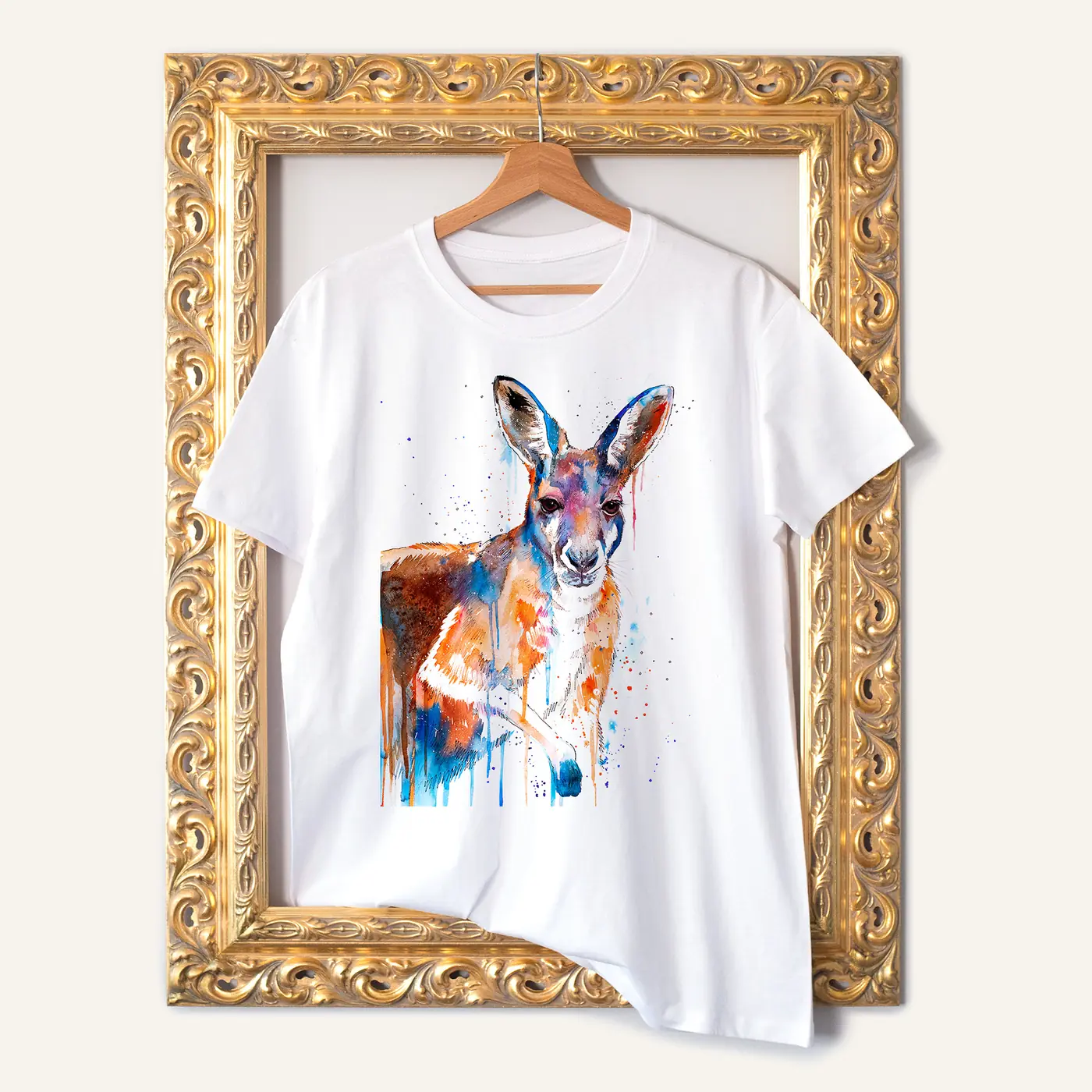 White t-shirt with a watercolour red kangaroo portrait print