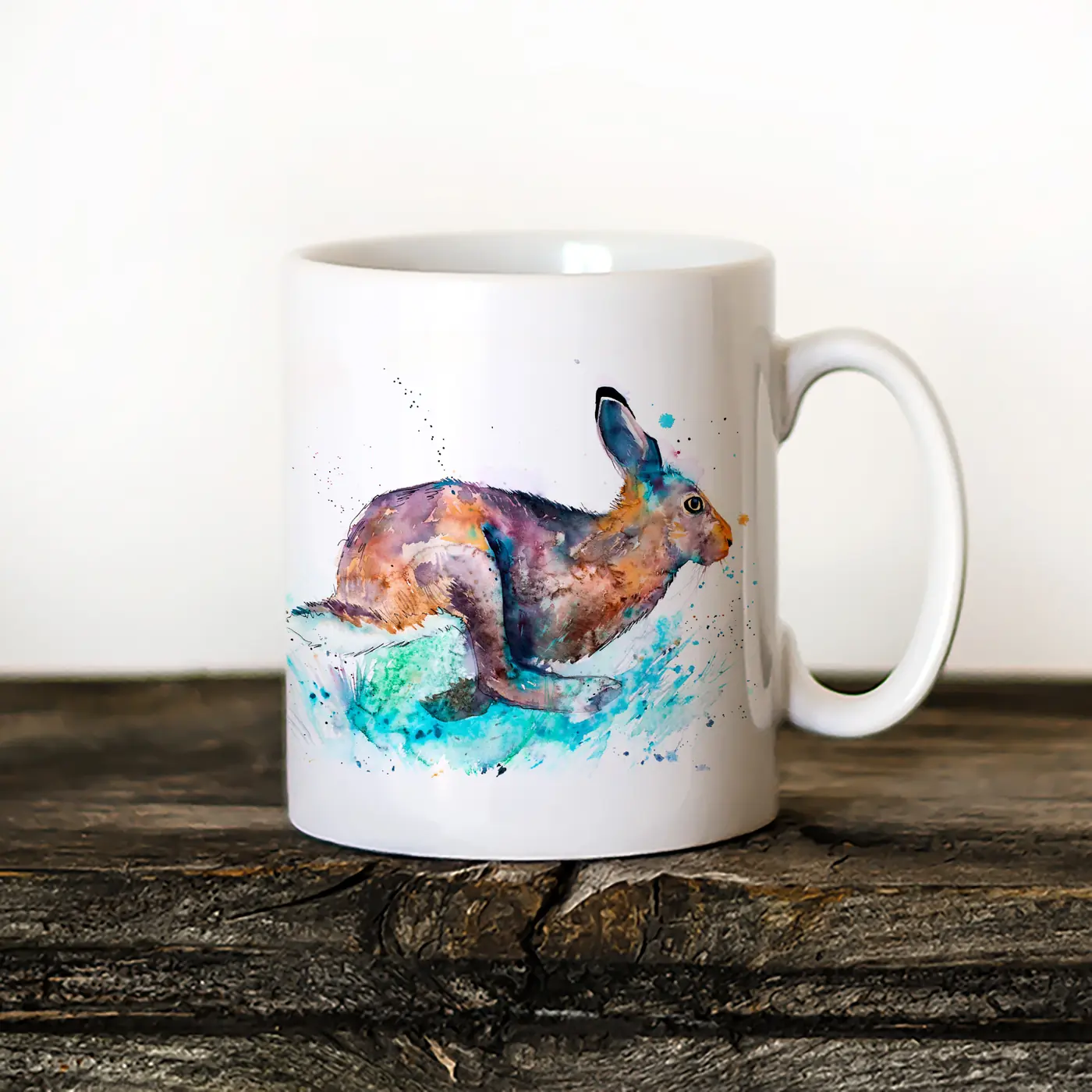 Ceramic mug with a watercolour leaping hare print