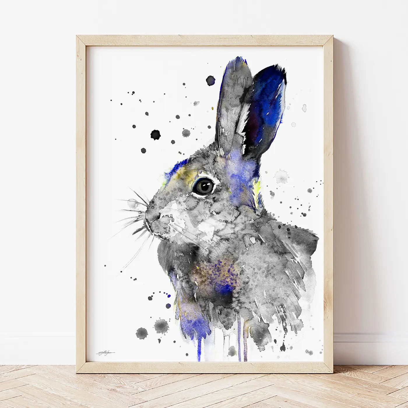 Art print with a watercolour grey hare print