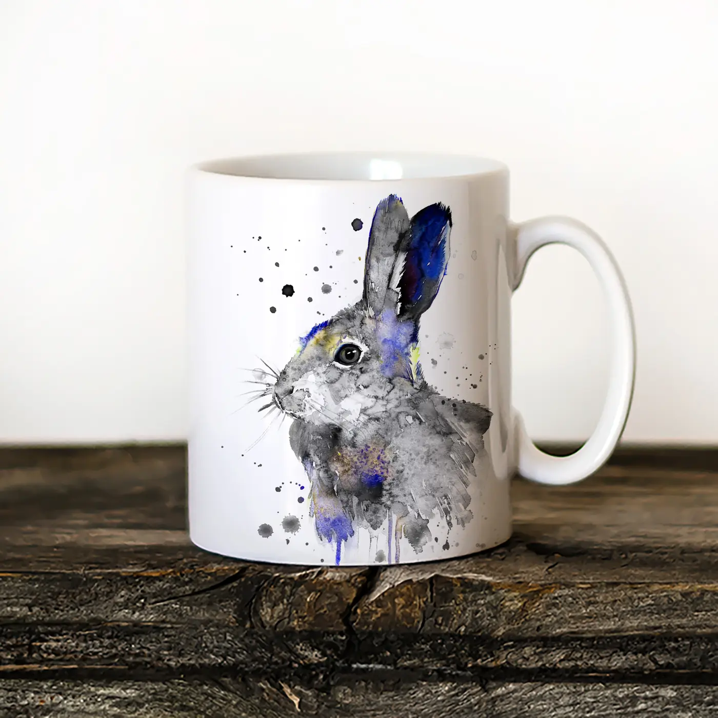 Ceramic mug with a watercolour grey hare print