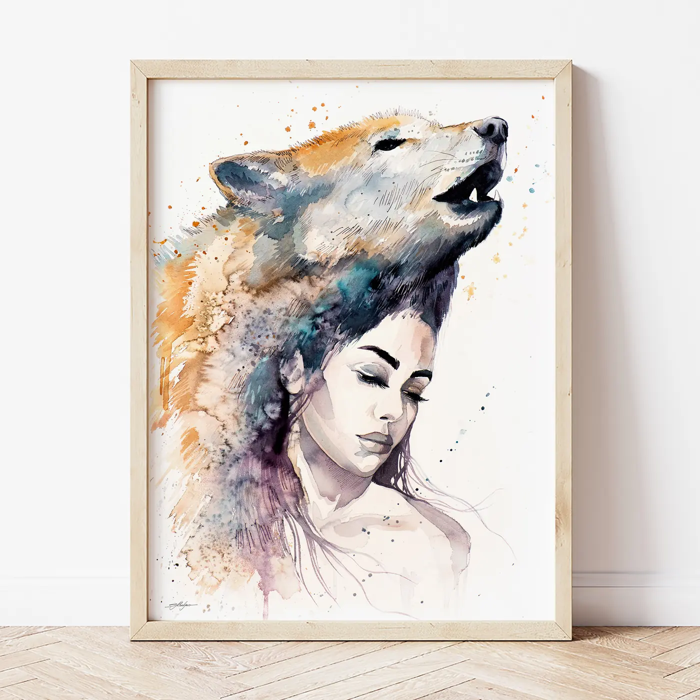Art print with a watercolour woman and wolf print 2