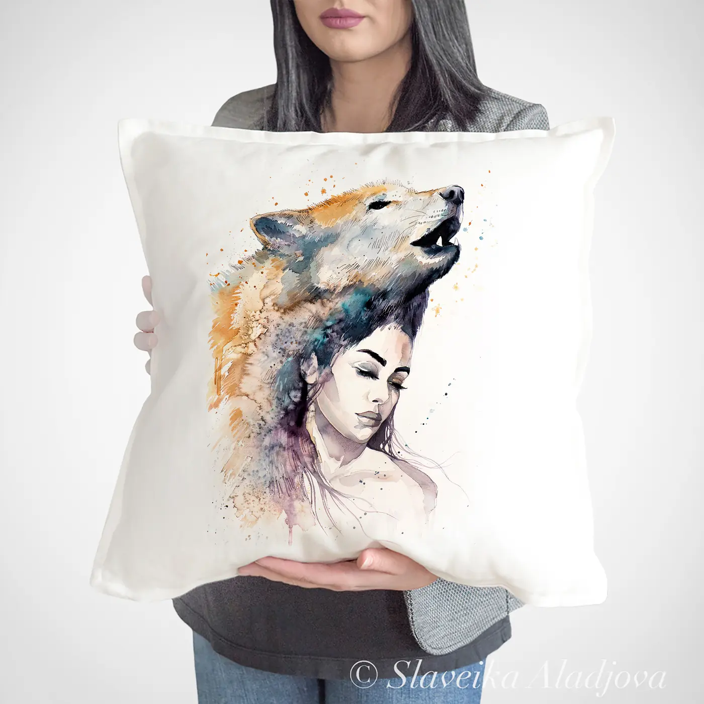 Cushion with a watercolour woman and wolf print 2