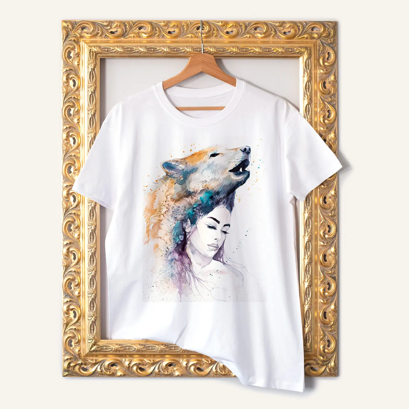 White t-shirt with a watercolour woman and wolf print