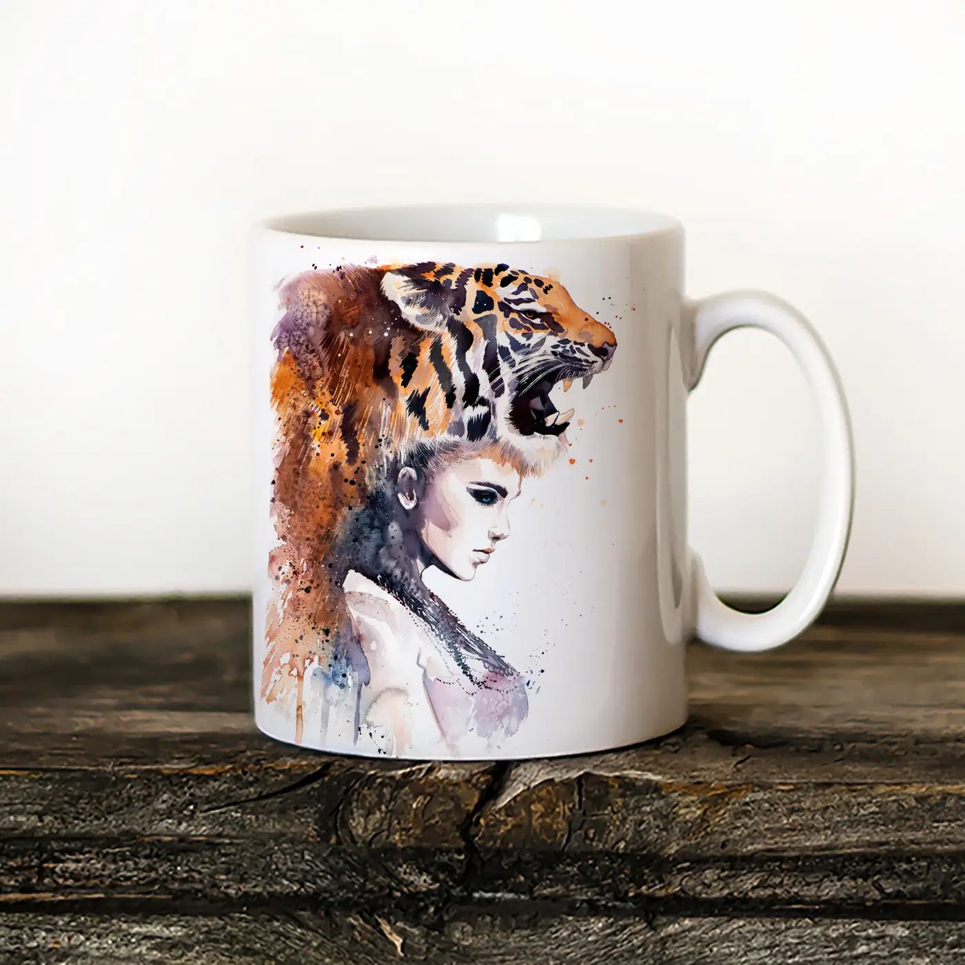 Ceramic mug with a watercolour woman with tiger print