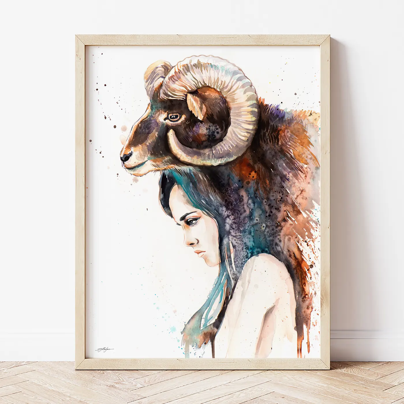 Art print with a watercolour woman and ram print 2
