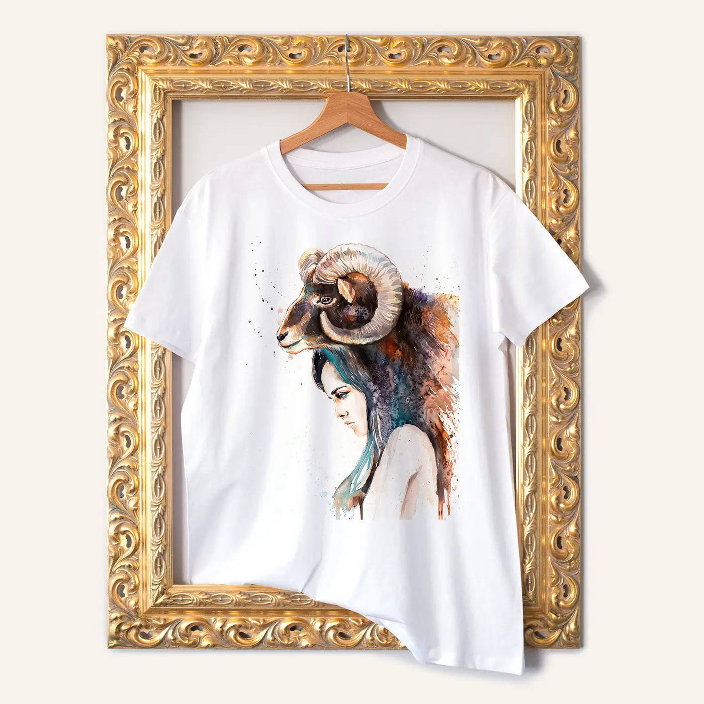 White t-shirt with a watercolour woman and ram print 2
