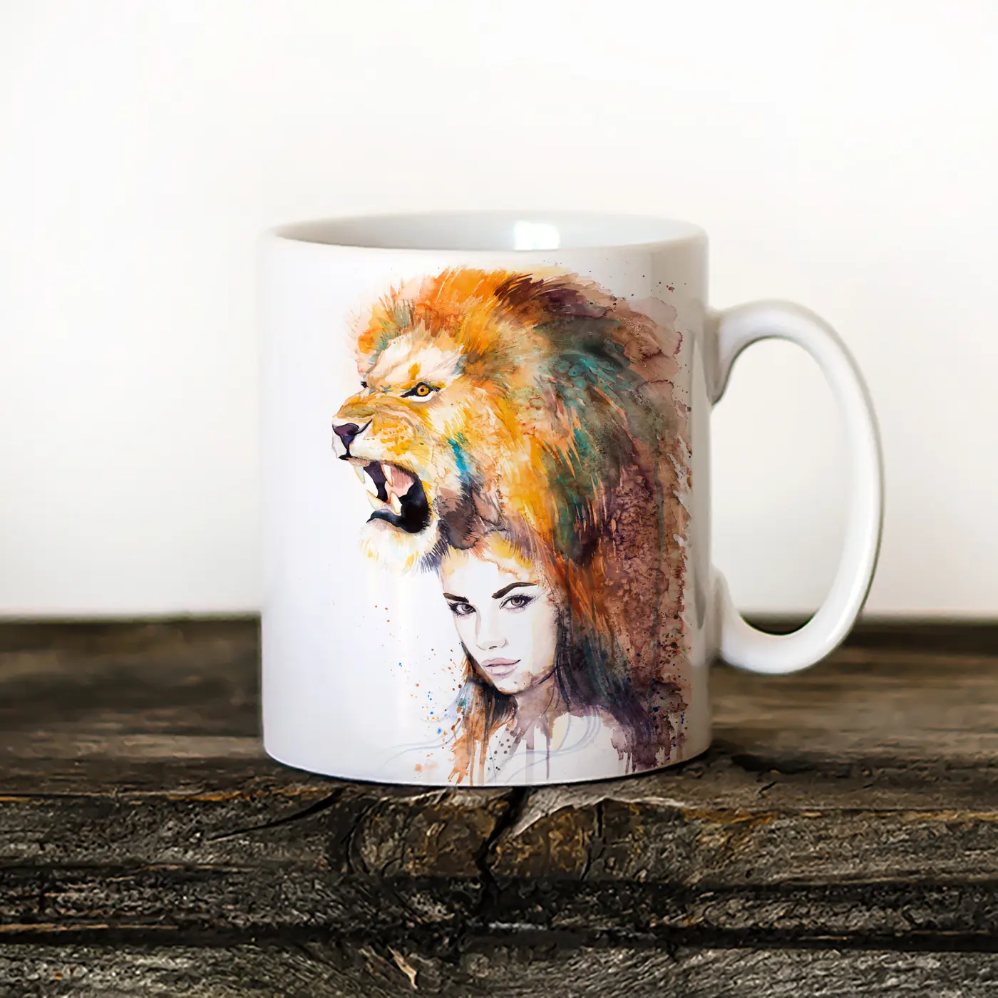 Ceramic mug with a watercolour woman and lion print 2