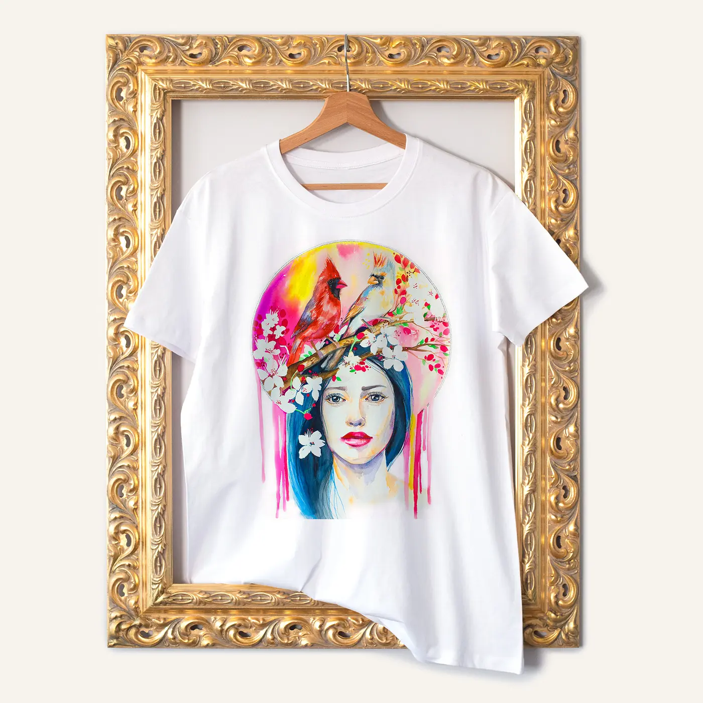 White t-shirt with a watercolour spring woman print