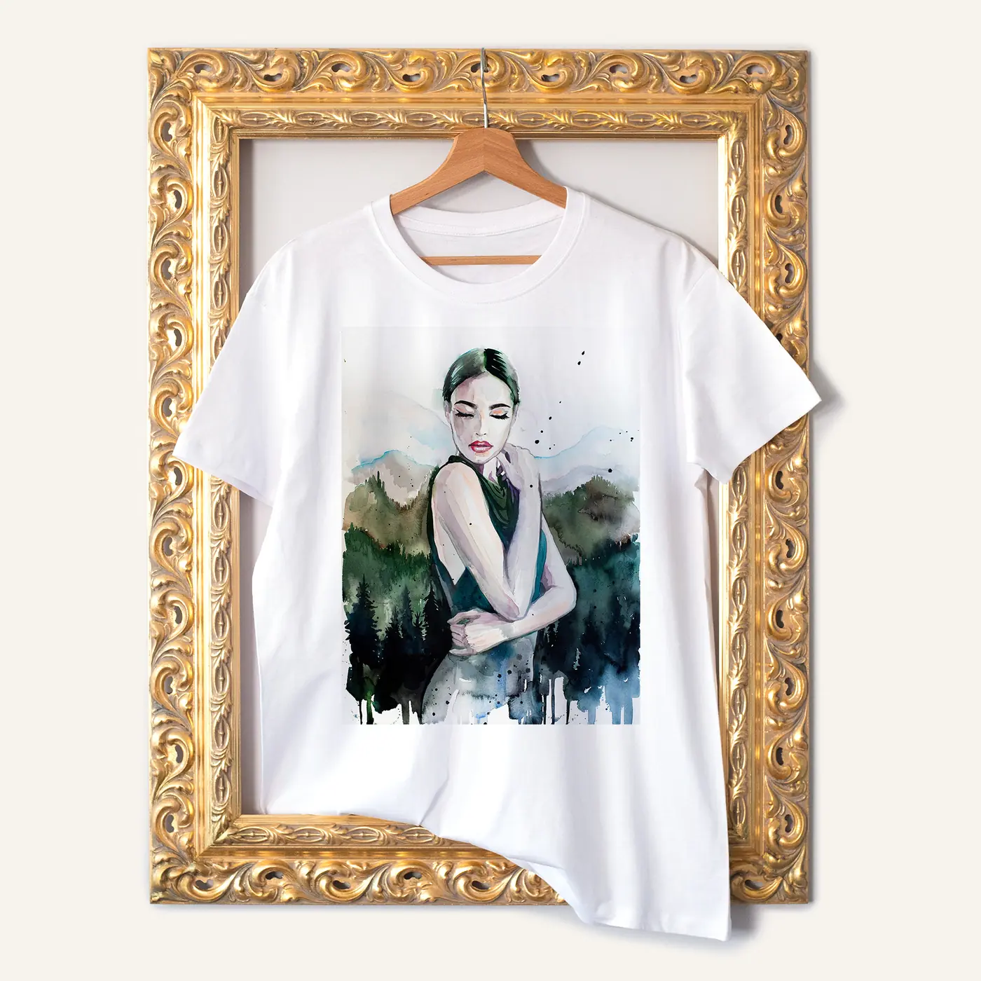 White t-shirt with a watercolour mountain woman print