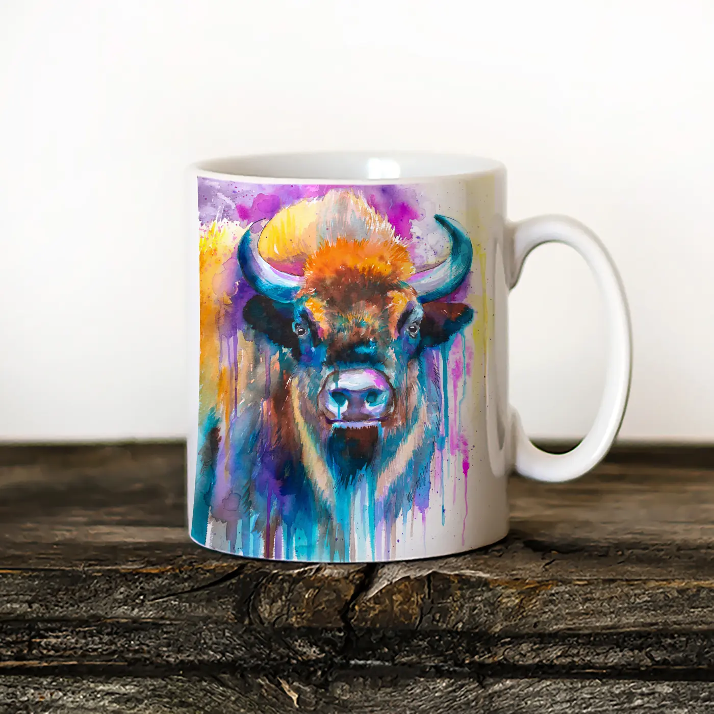 Ceramic mug with a watercolour bison print