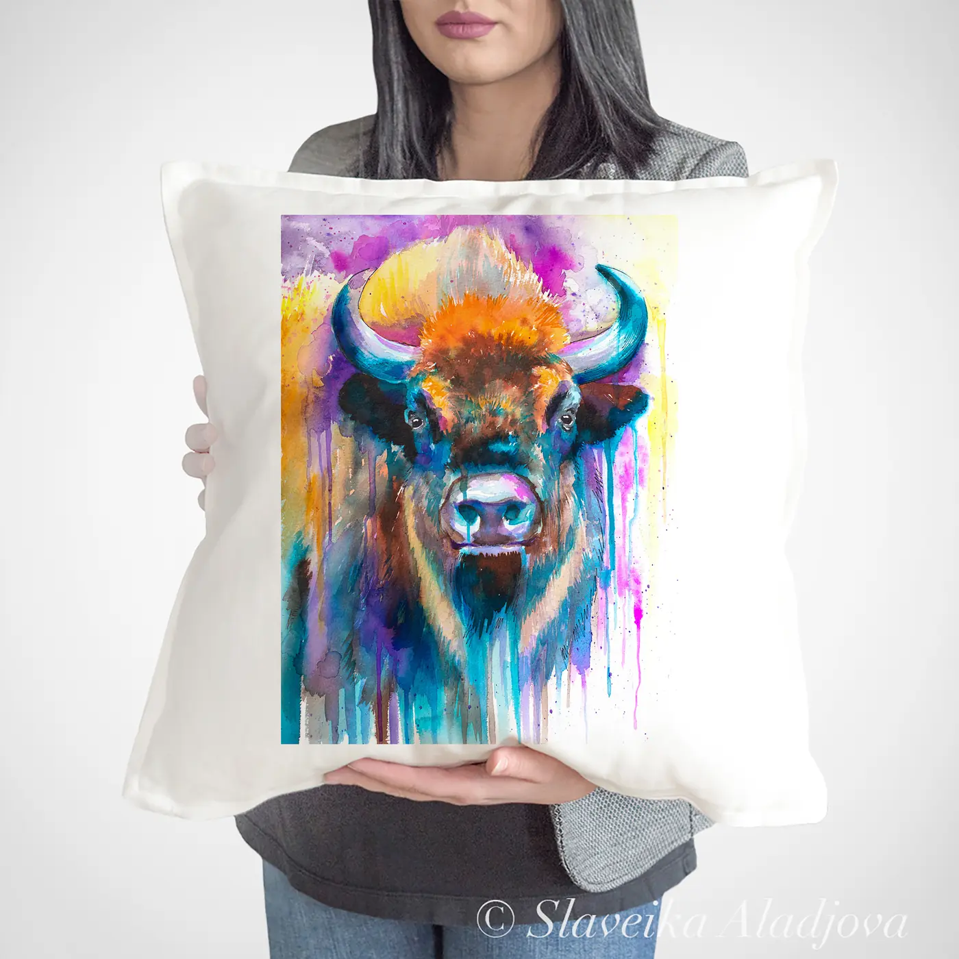 Cushion with a watercolour bison print