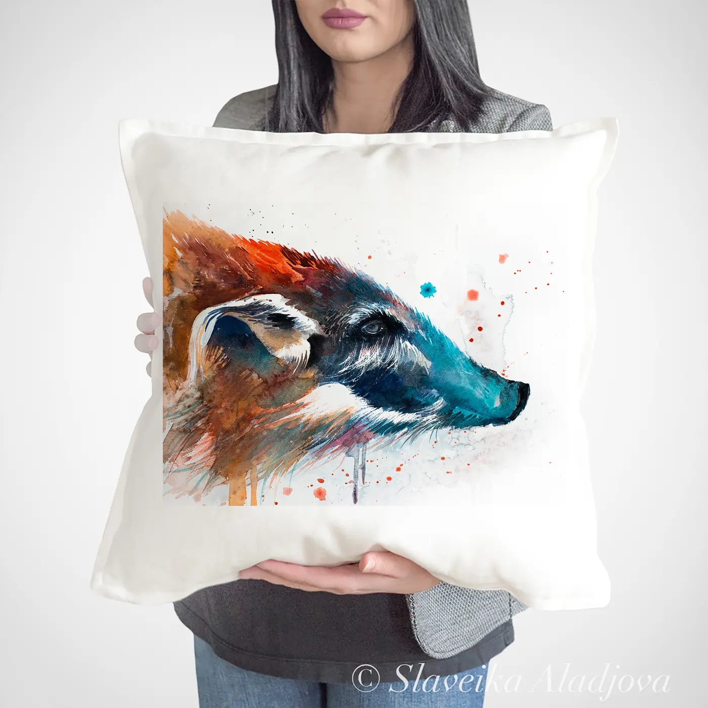 Cushion with a watercolour bush pig print
