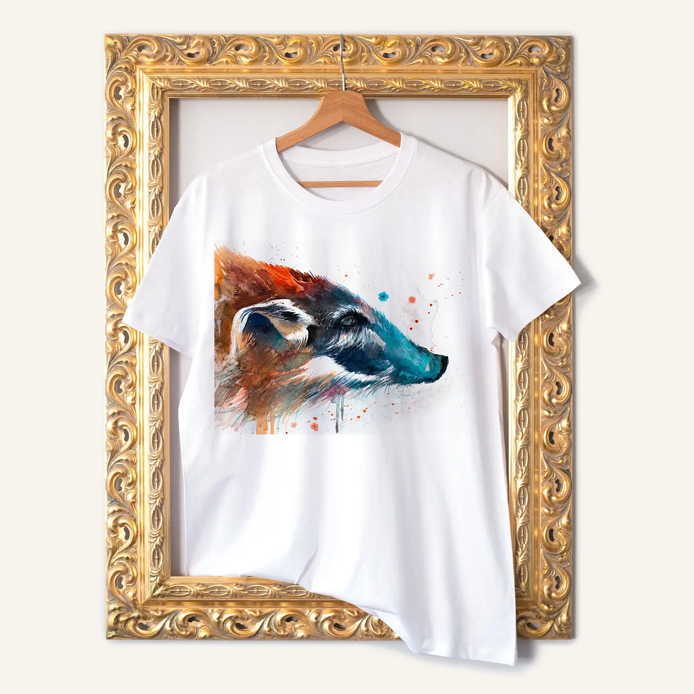 White t-shirt with a watercolour bush pig print