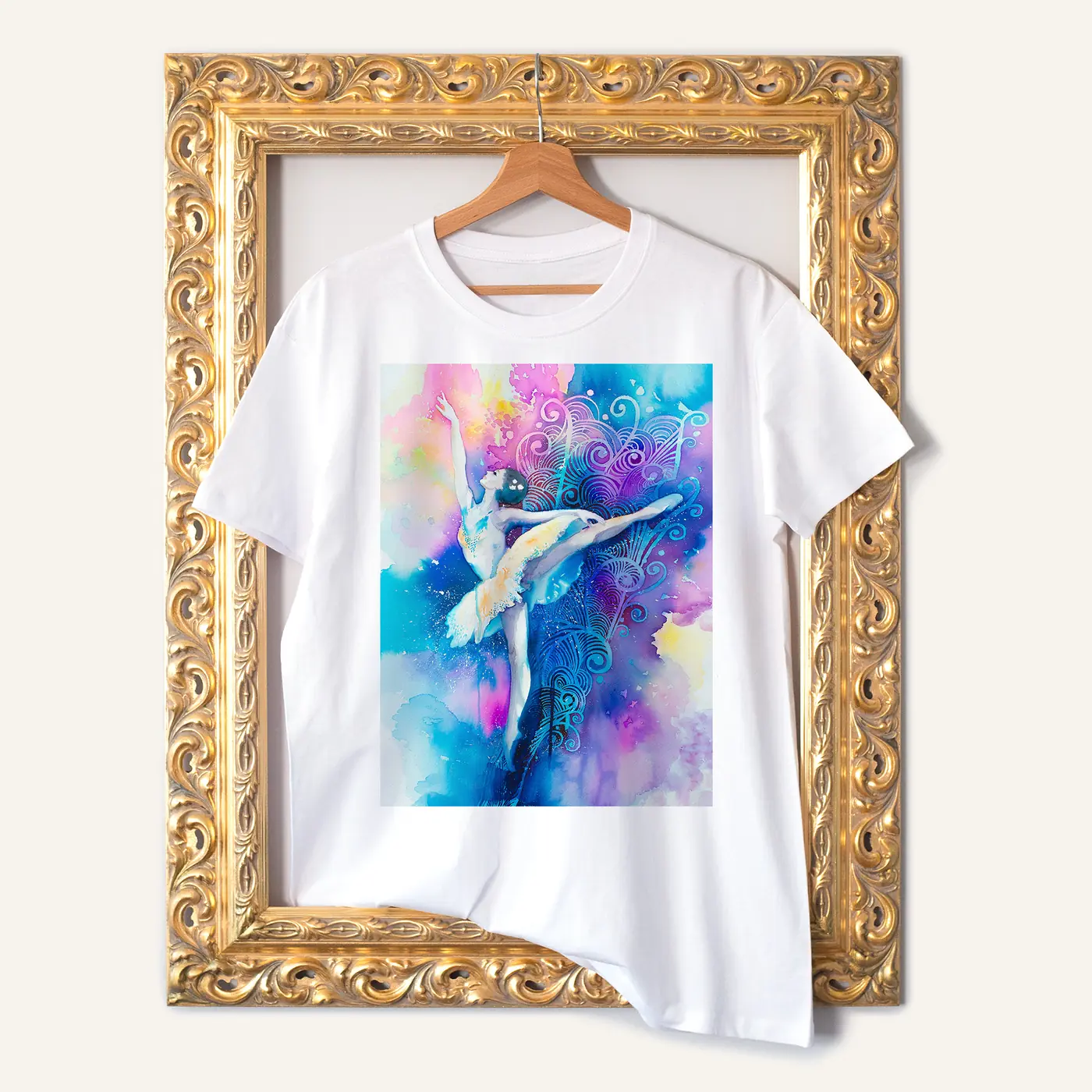 White t-shirt with a watercolour ballerina print