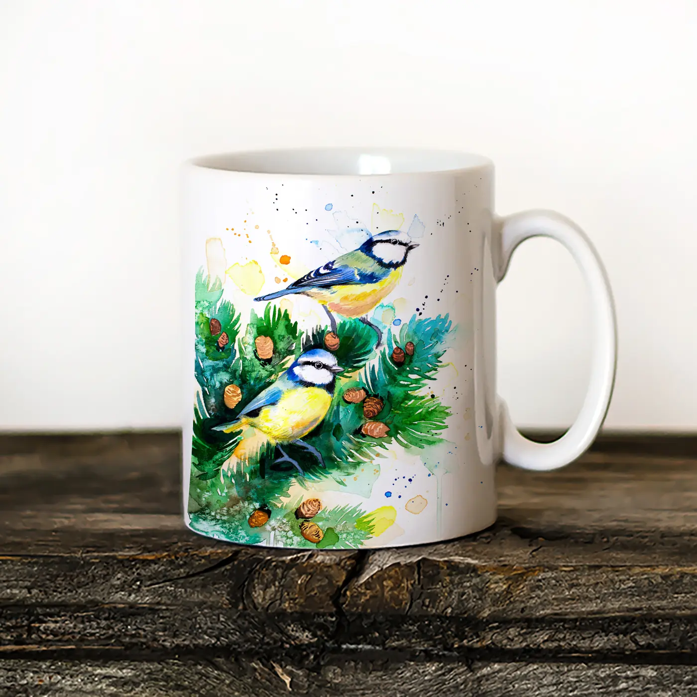 Ceramic mug with a watercolour blue tit print