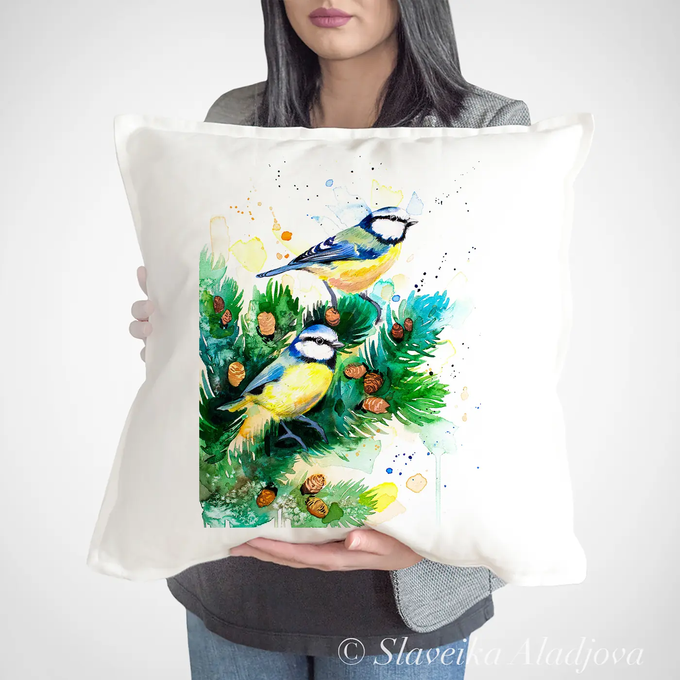Cushion with a watercolour blue tit print