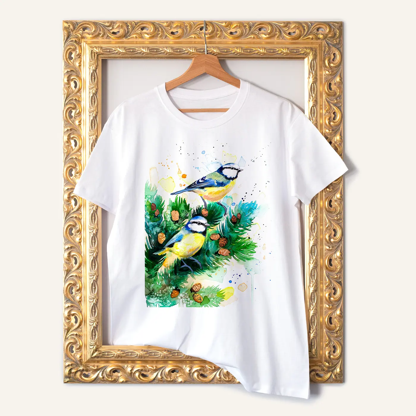 White t-shirt with a watercolour blue tit print