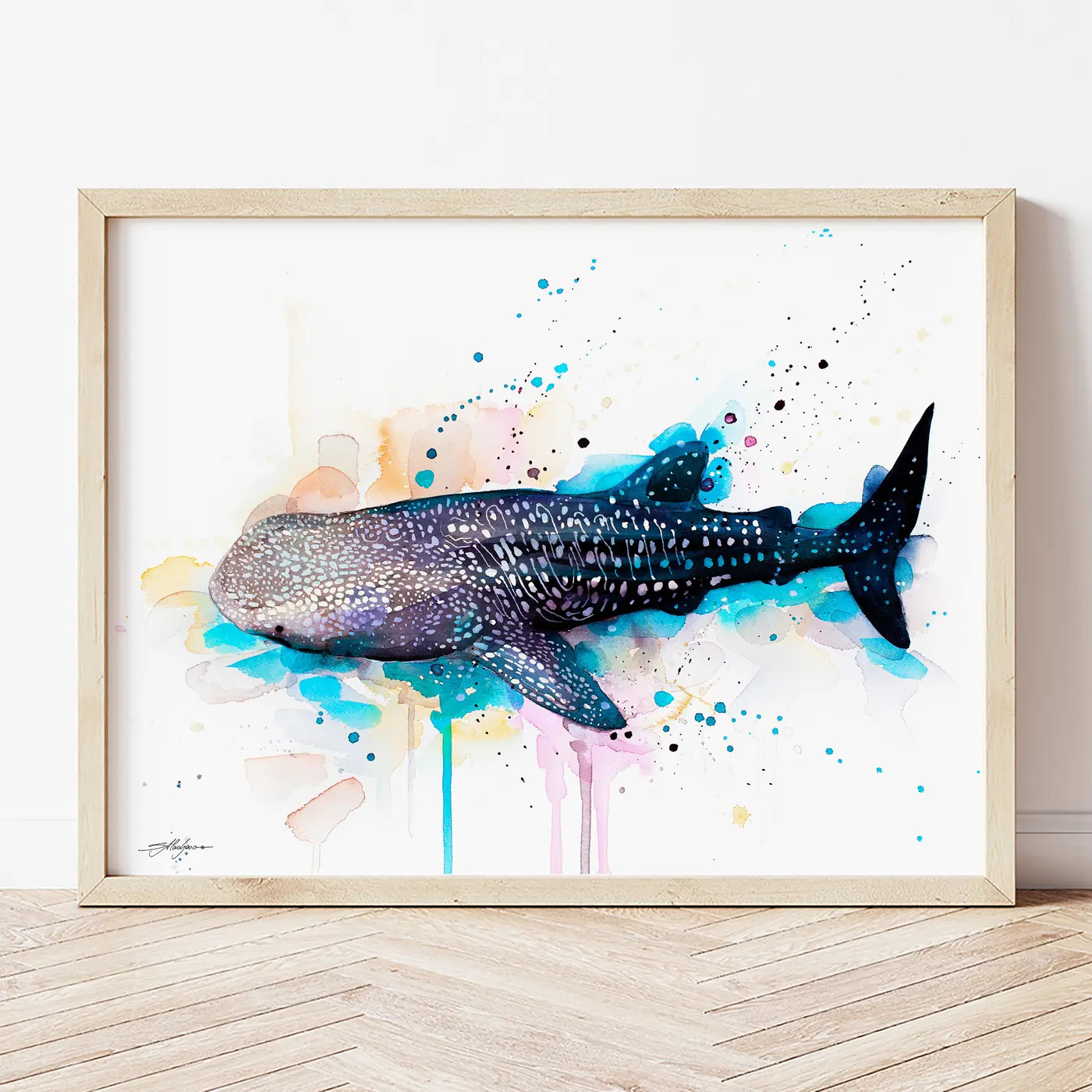 Art print with a watercolour whale shark in profile print