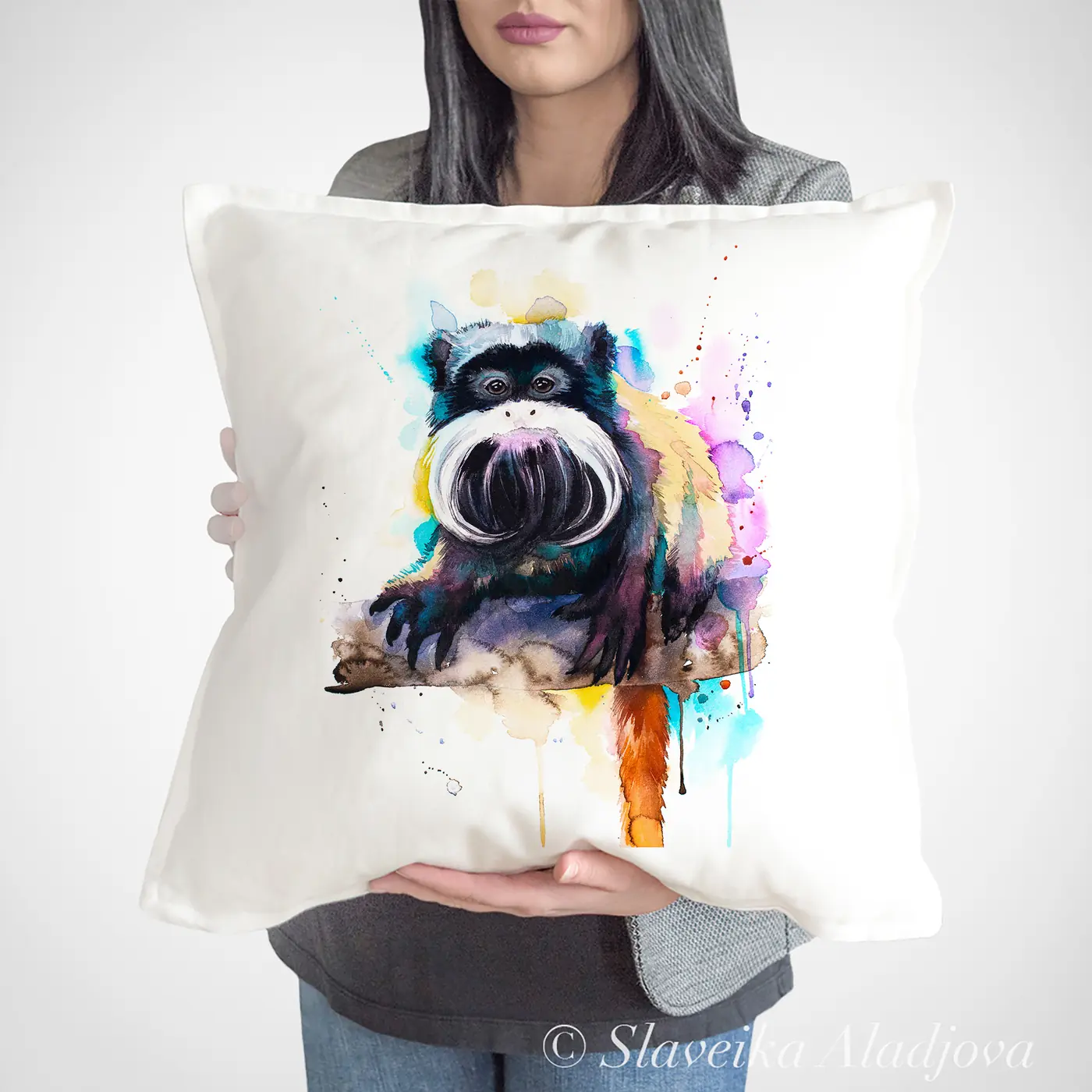 Cushion with a watercolour emperor tamarin print