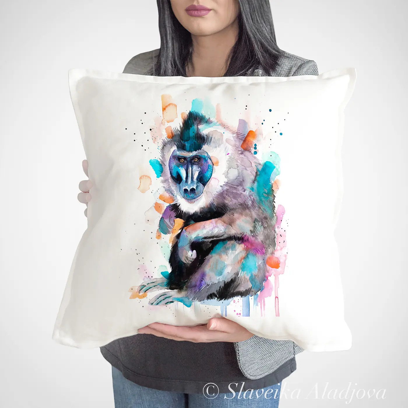 Cushion with a watercolour drill monkey print