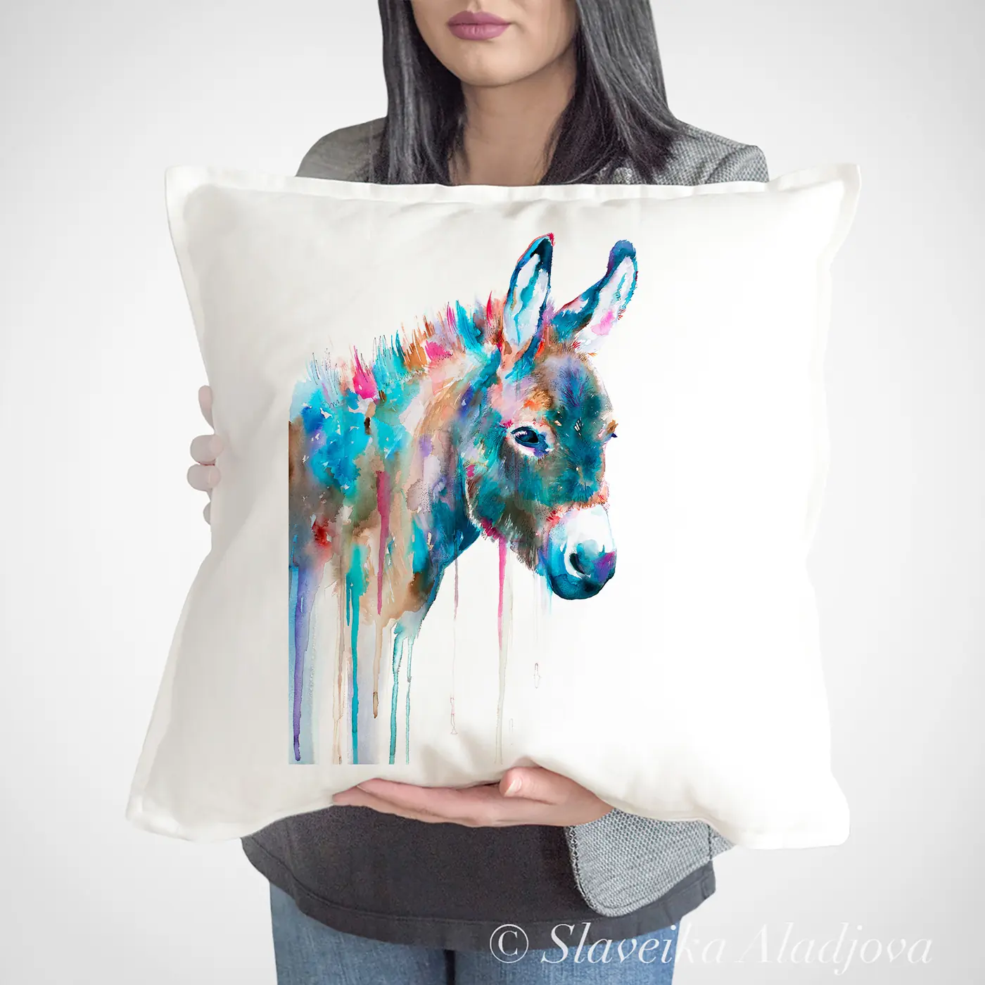 Cushion with a watercolour donkey print