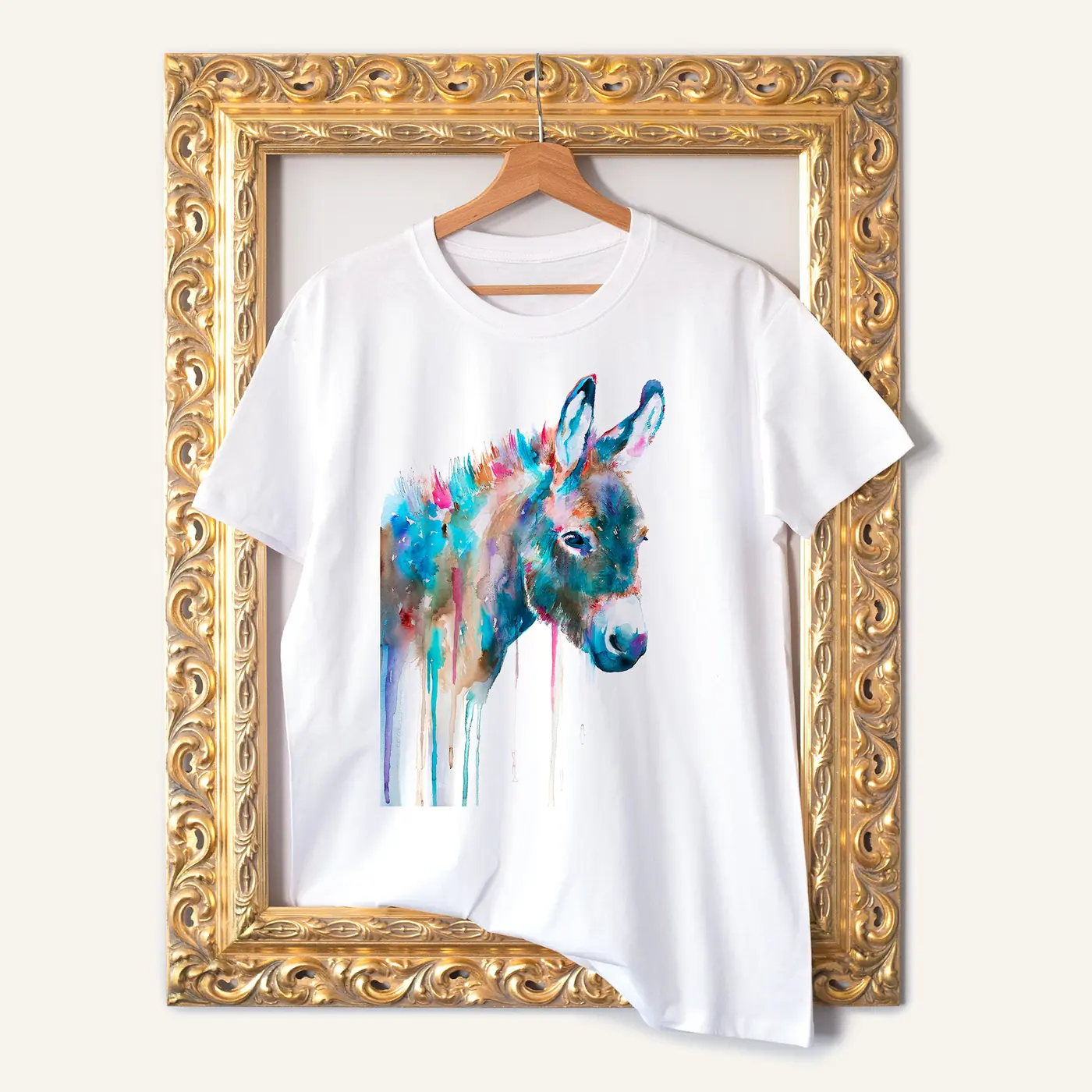 White t-shirt with a watercolour donkey print