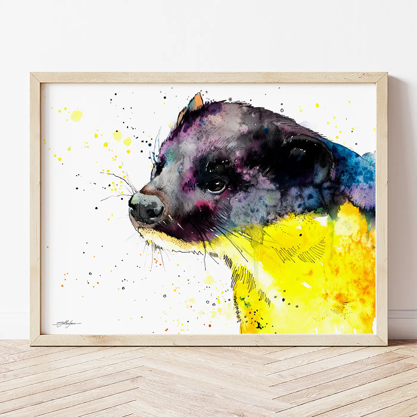 Art print with a watercolour yellow-throated marten print