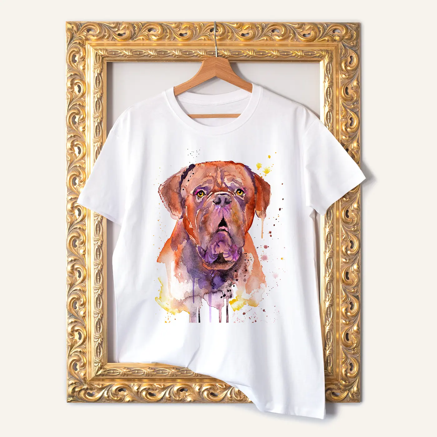 White t-shirt with a watercolour dogue de bordeaux print