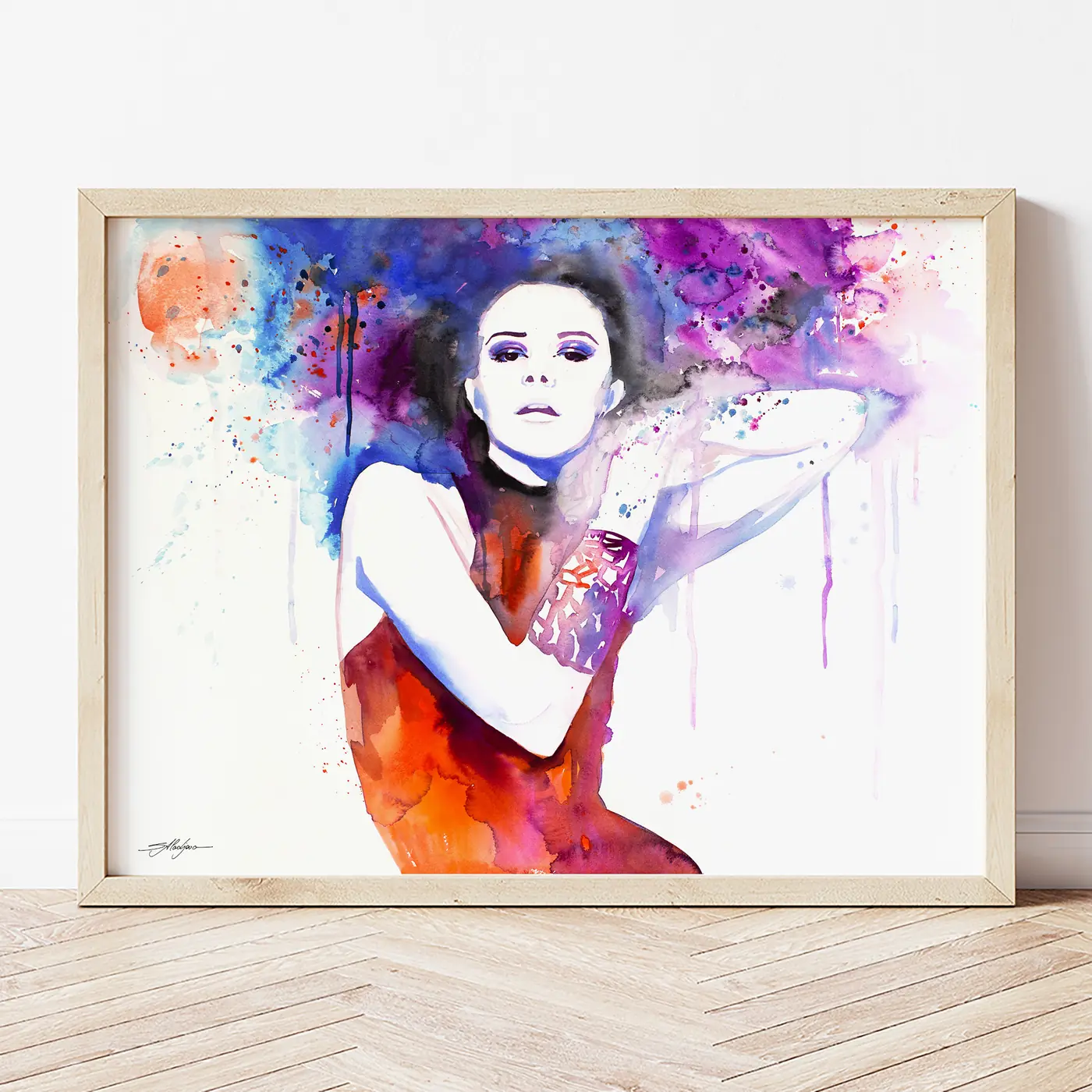 Art print with a watercolour woman with colourful hair print