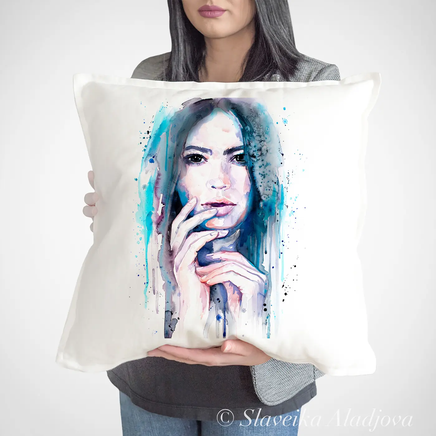 Cushion with a watercolour girl in blue print