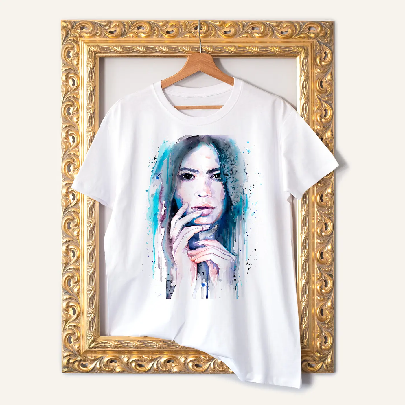 White t-shirt with a watercolour girl in blue print