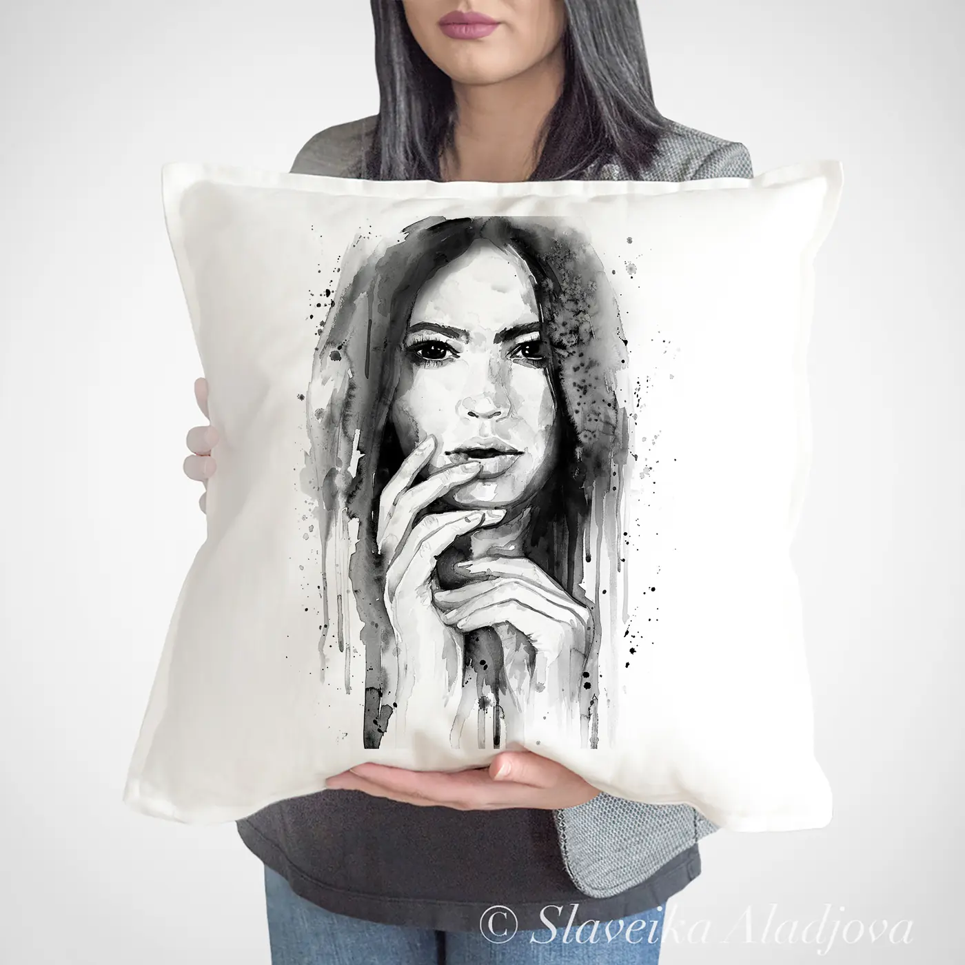 Cushion with a watercolour girl in black and white print