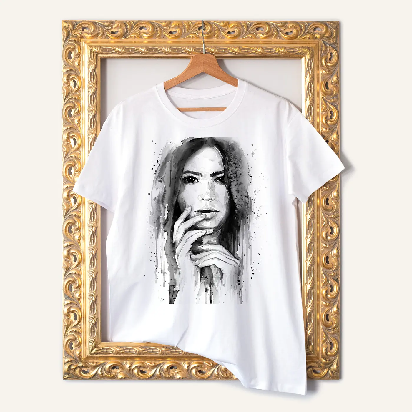 White t-shirt with a watercolour girl in black and white print