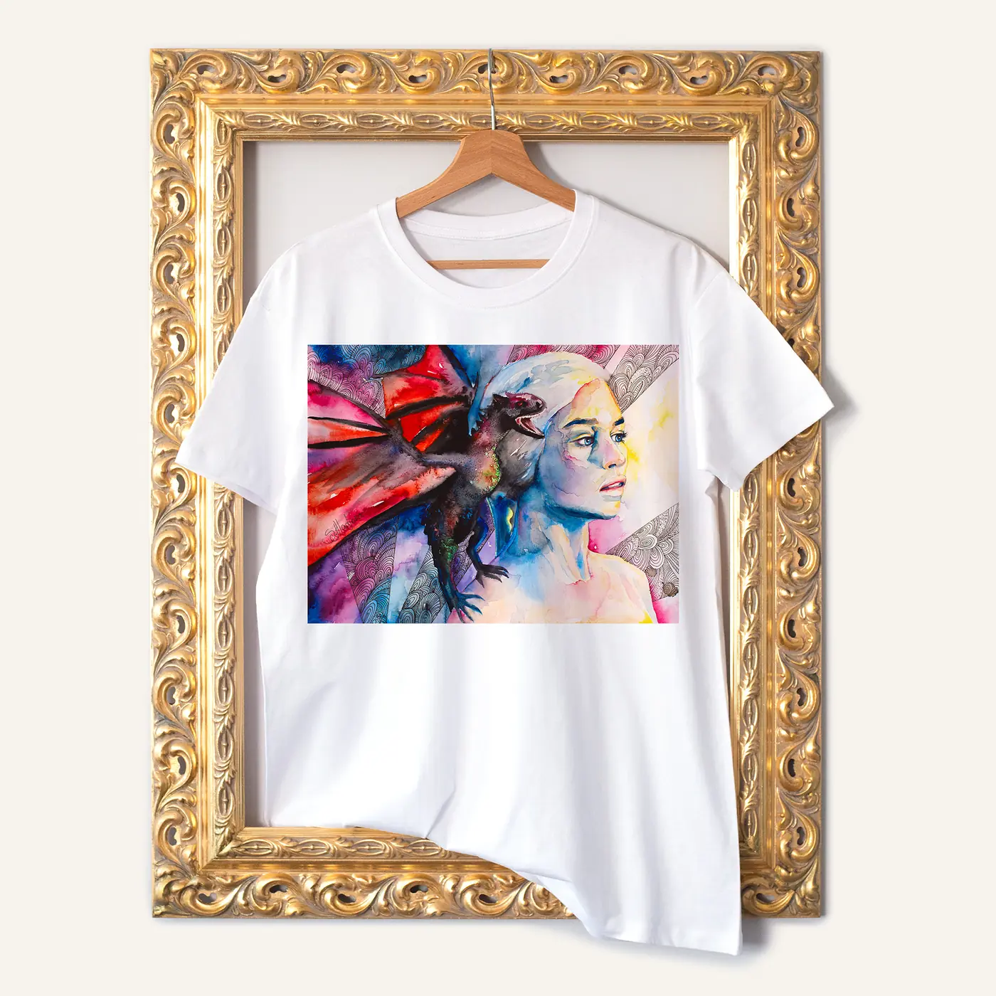 White t-shirt with a watercolour woman with a dragon print