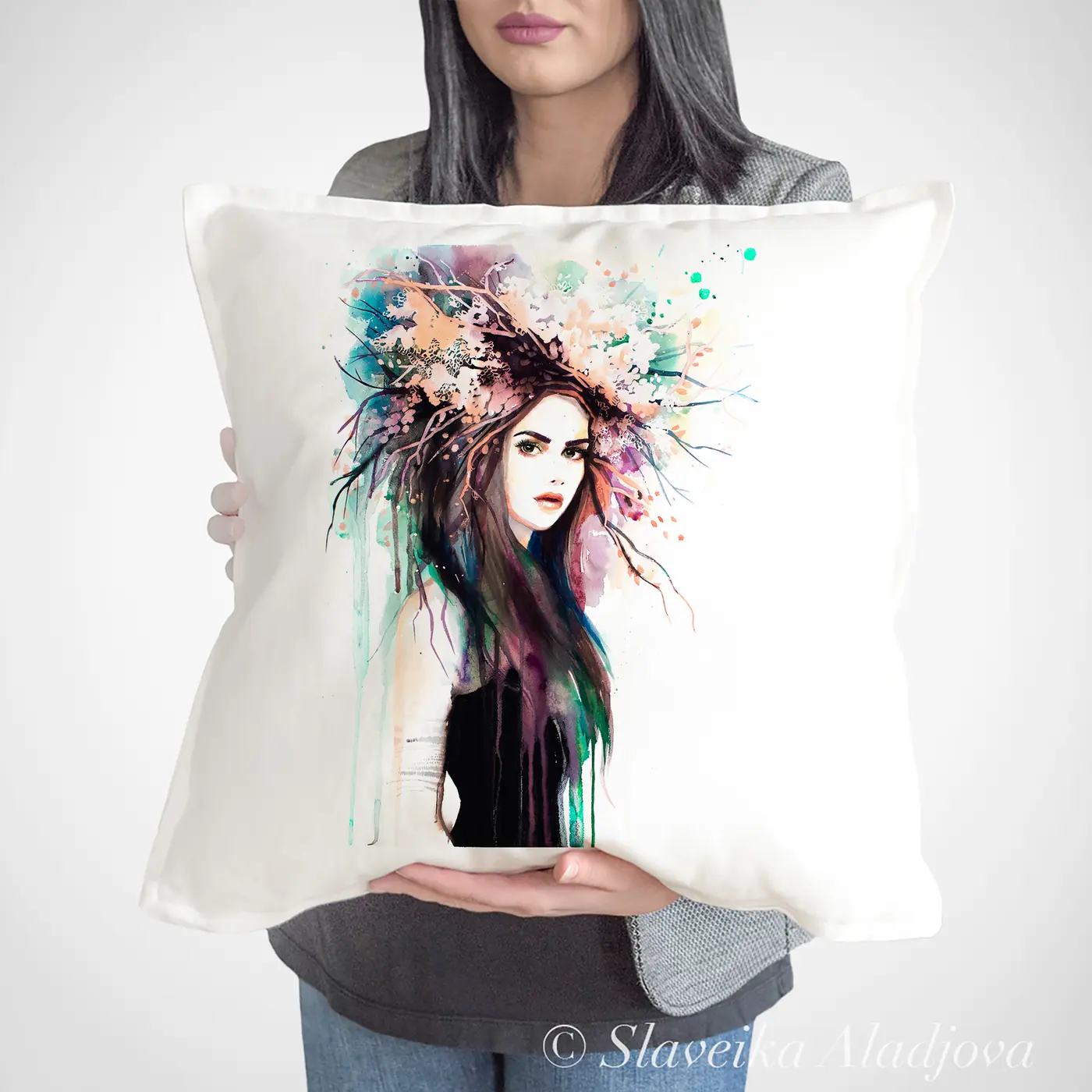 Cushion with a watercolour spring girl print