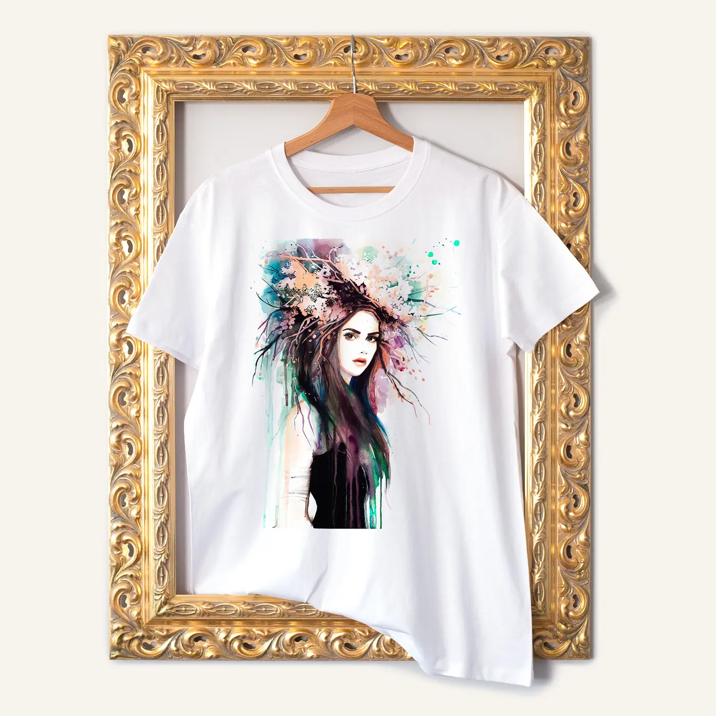 White t-shirt with a watercolour spring girl print