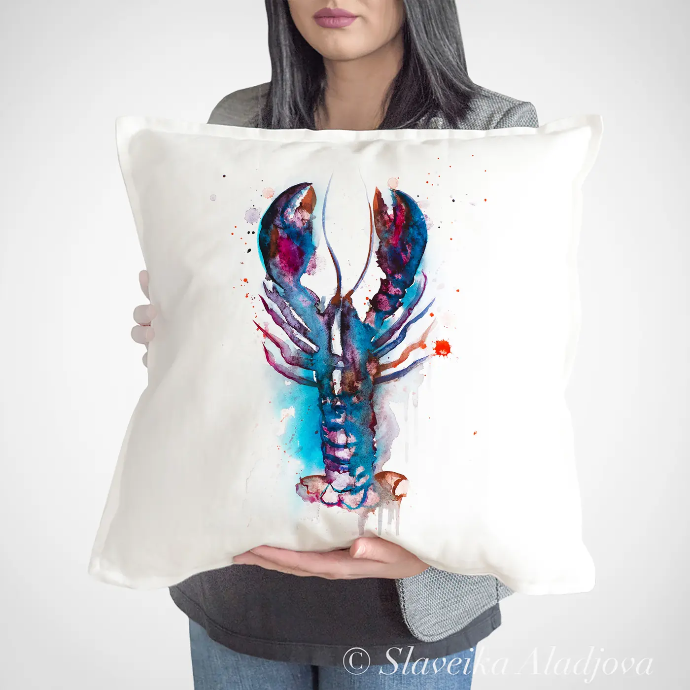 Cushion with a watercolour lobster print