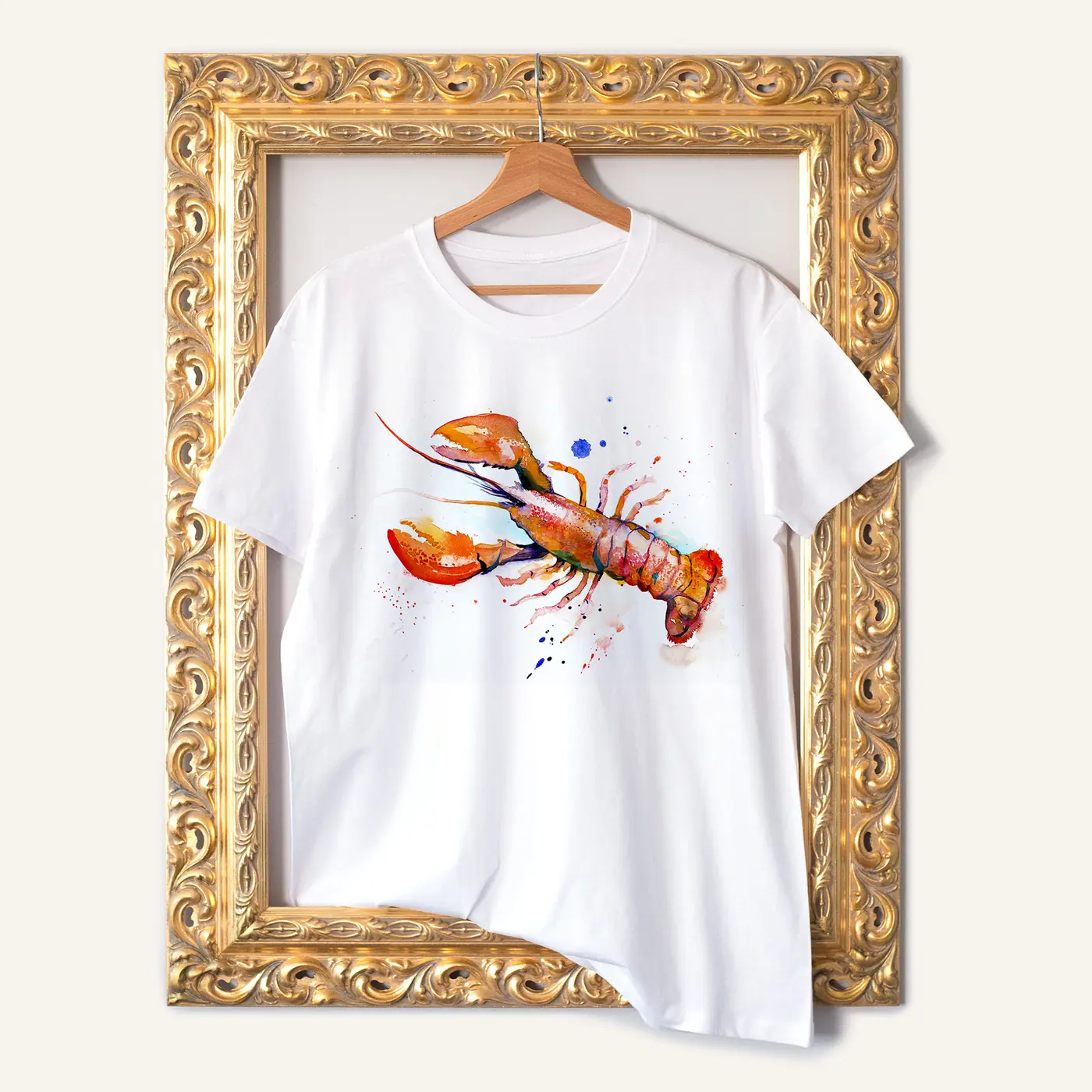 White t-shirt with a watercolour red lobster print