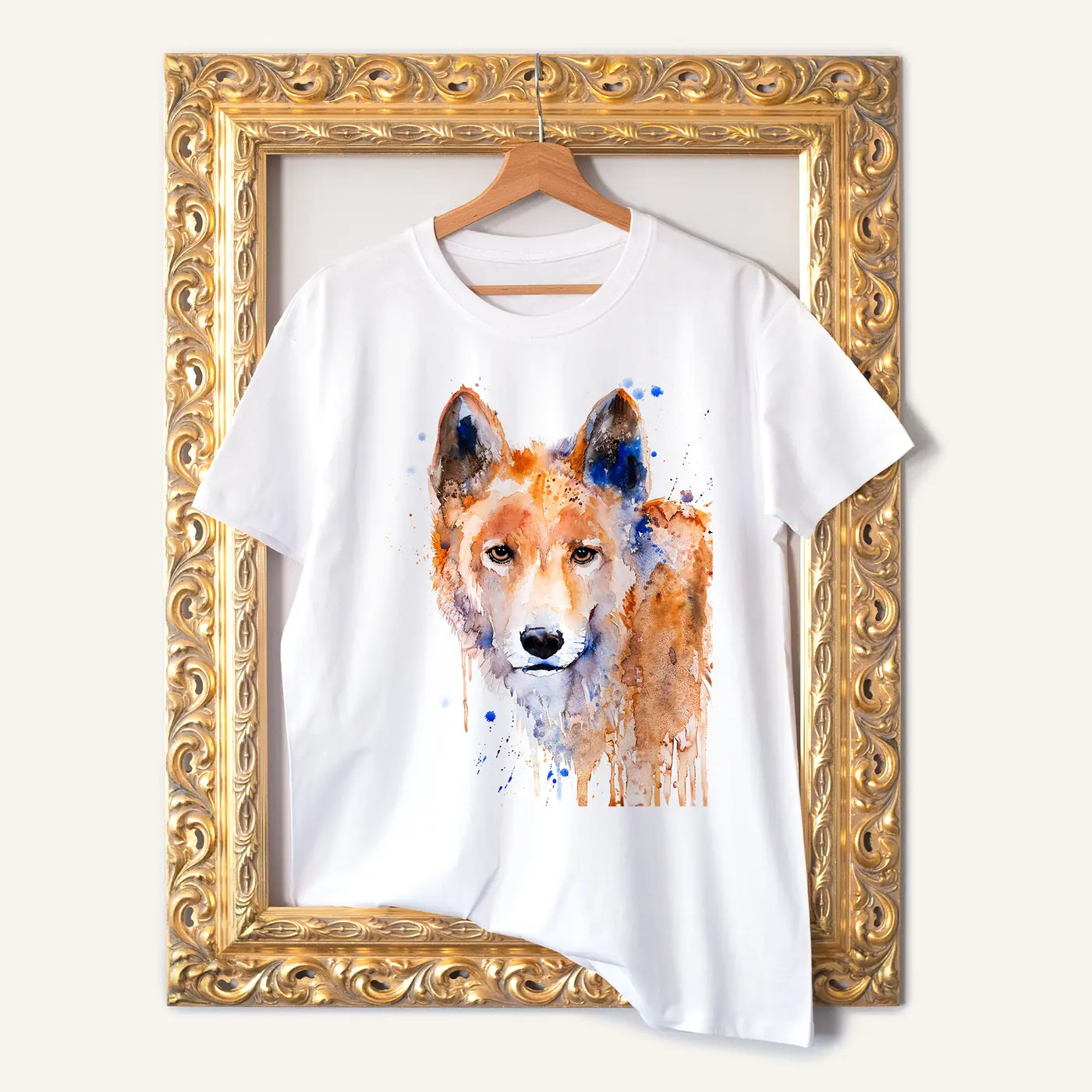 White t-shirt with a watercolour dingo print