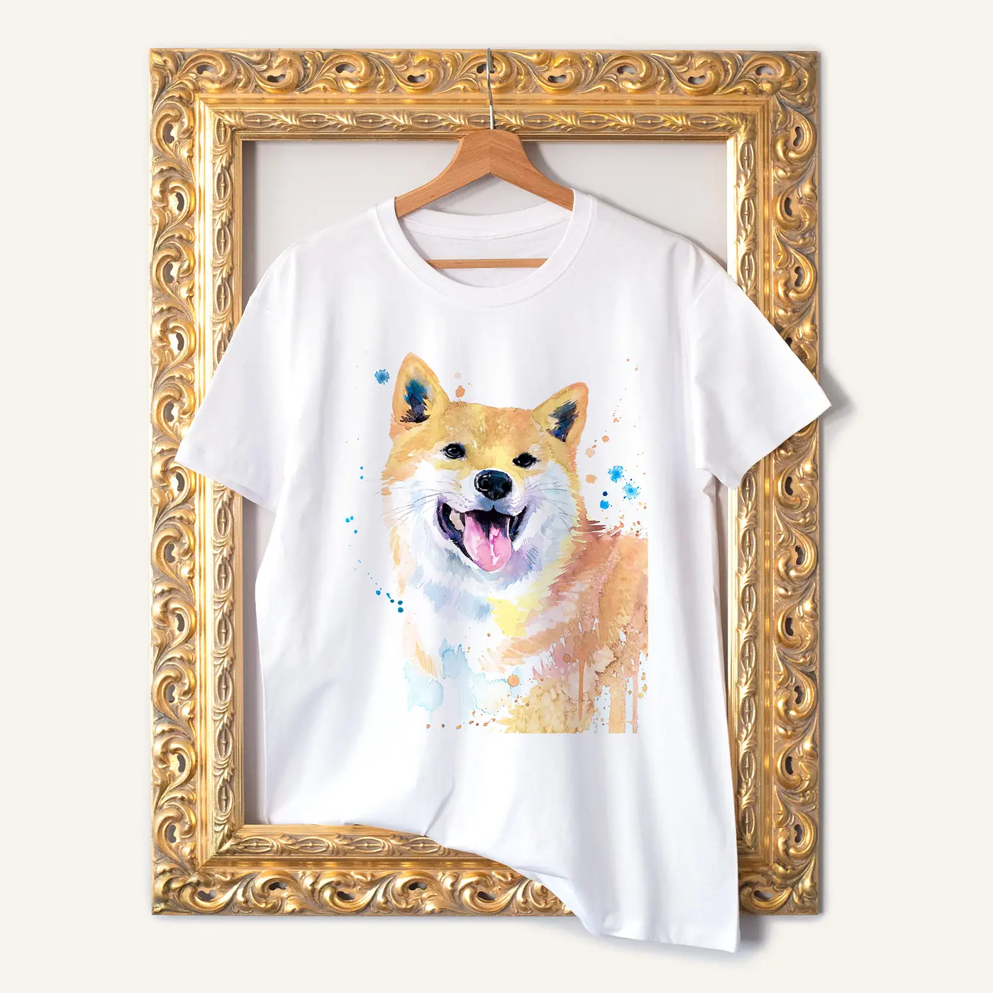 White t-shirt with a watercolour cream shiba inu print