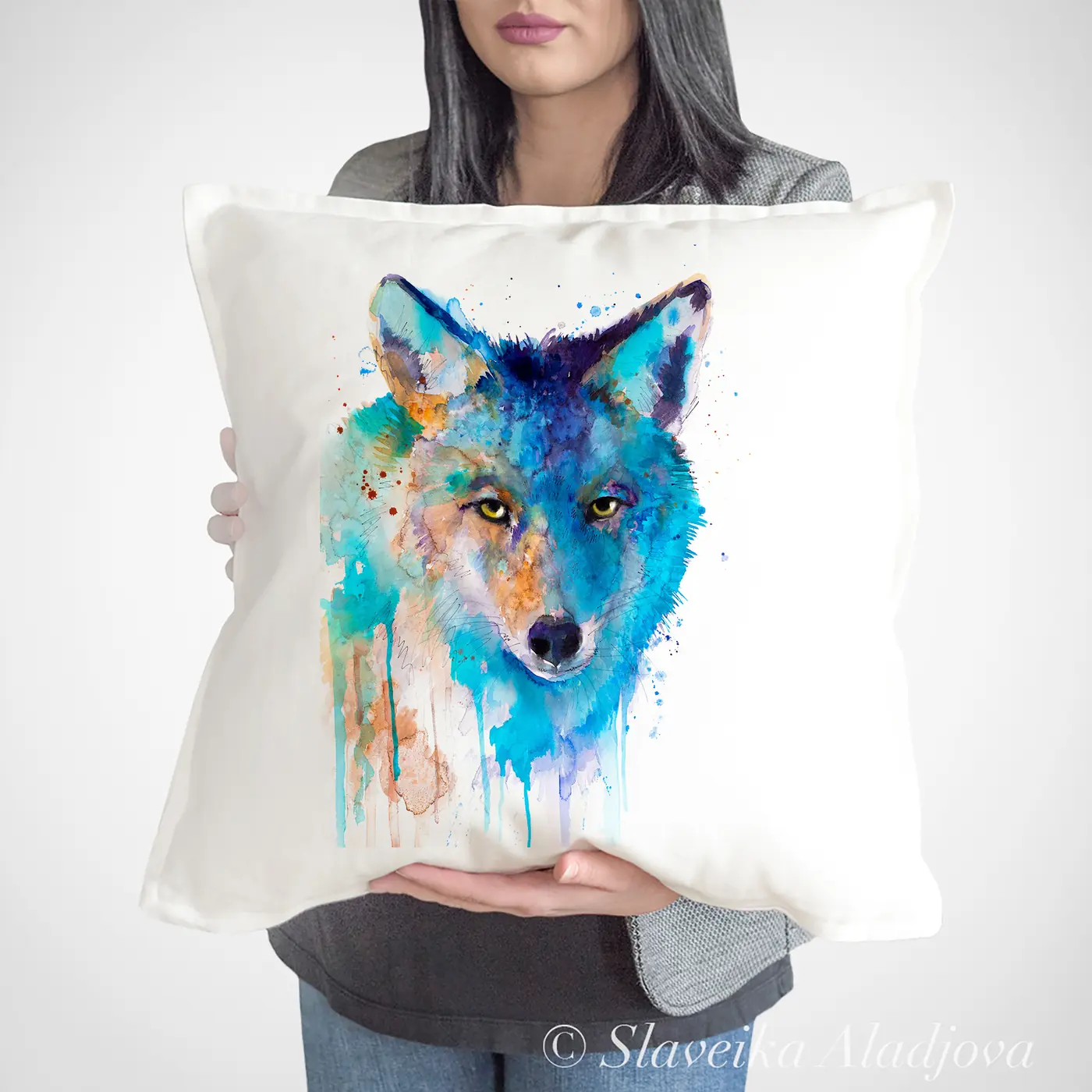 Cushion with a watercolour coyote print