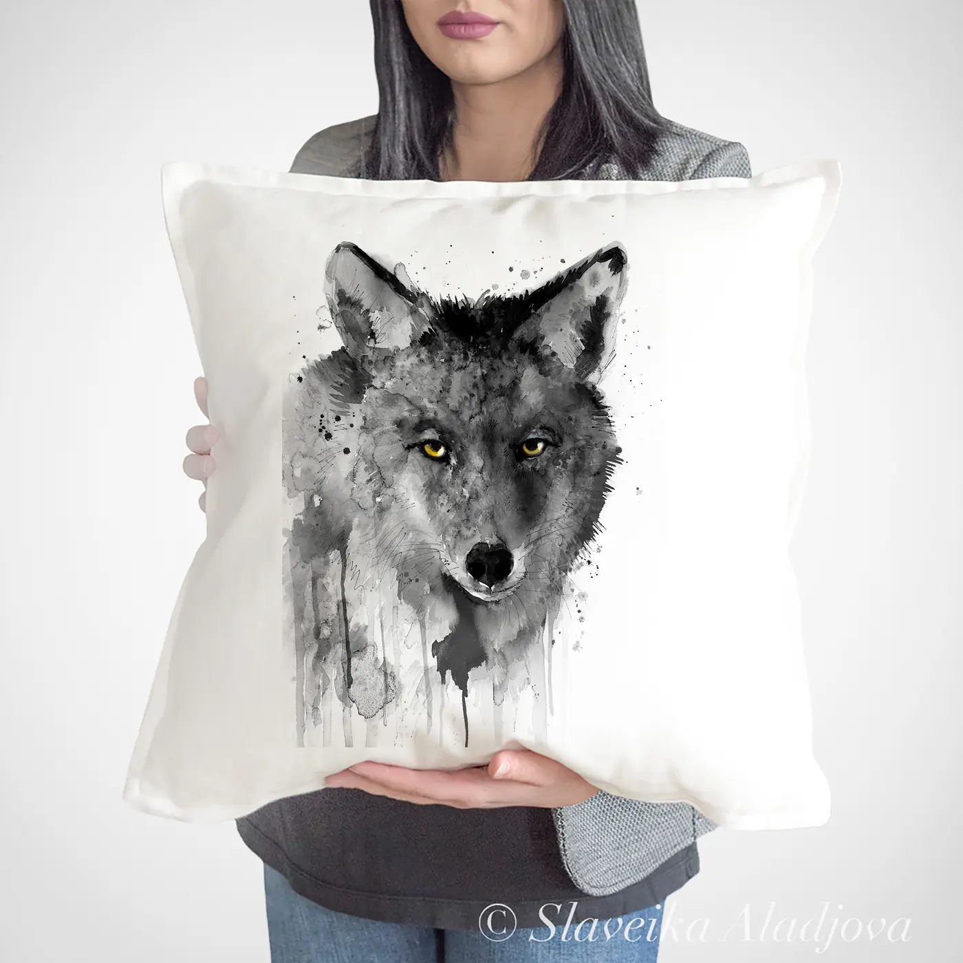 Cushion with a watercolour coyote in grey print