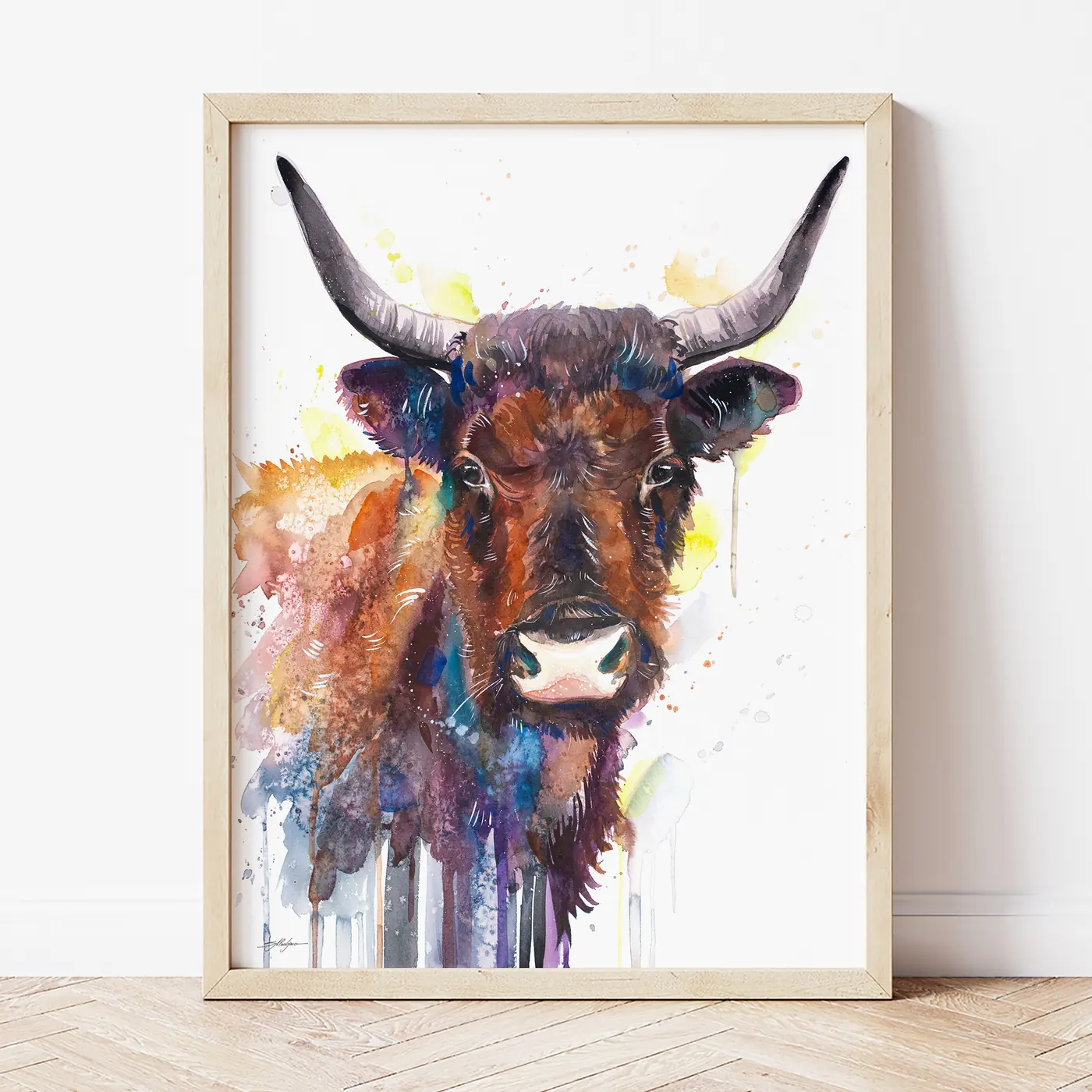 Art print with a watercolour horned cow print