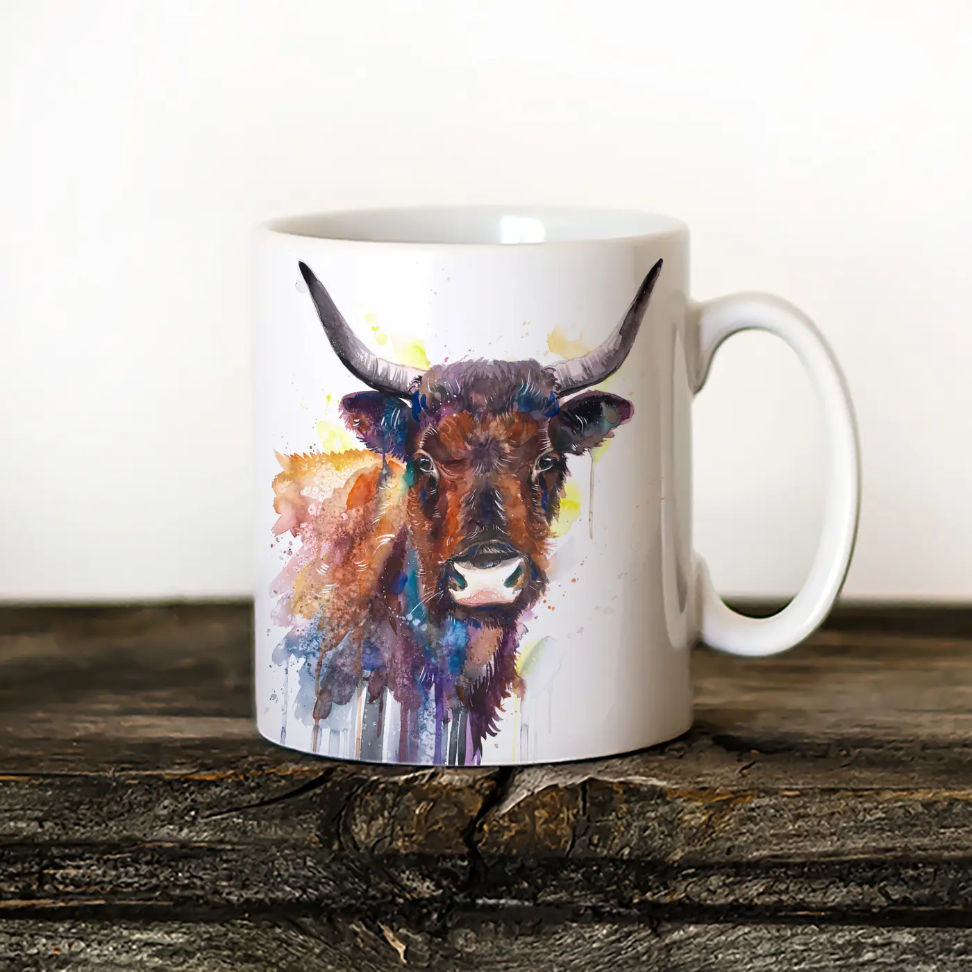 Ceramic mug with a watercolour horned cow print