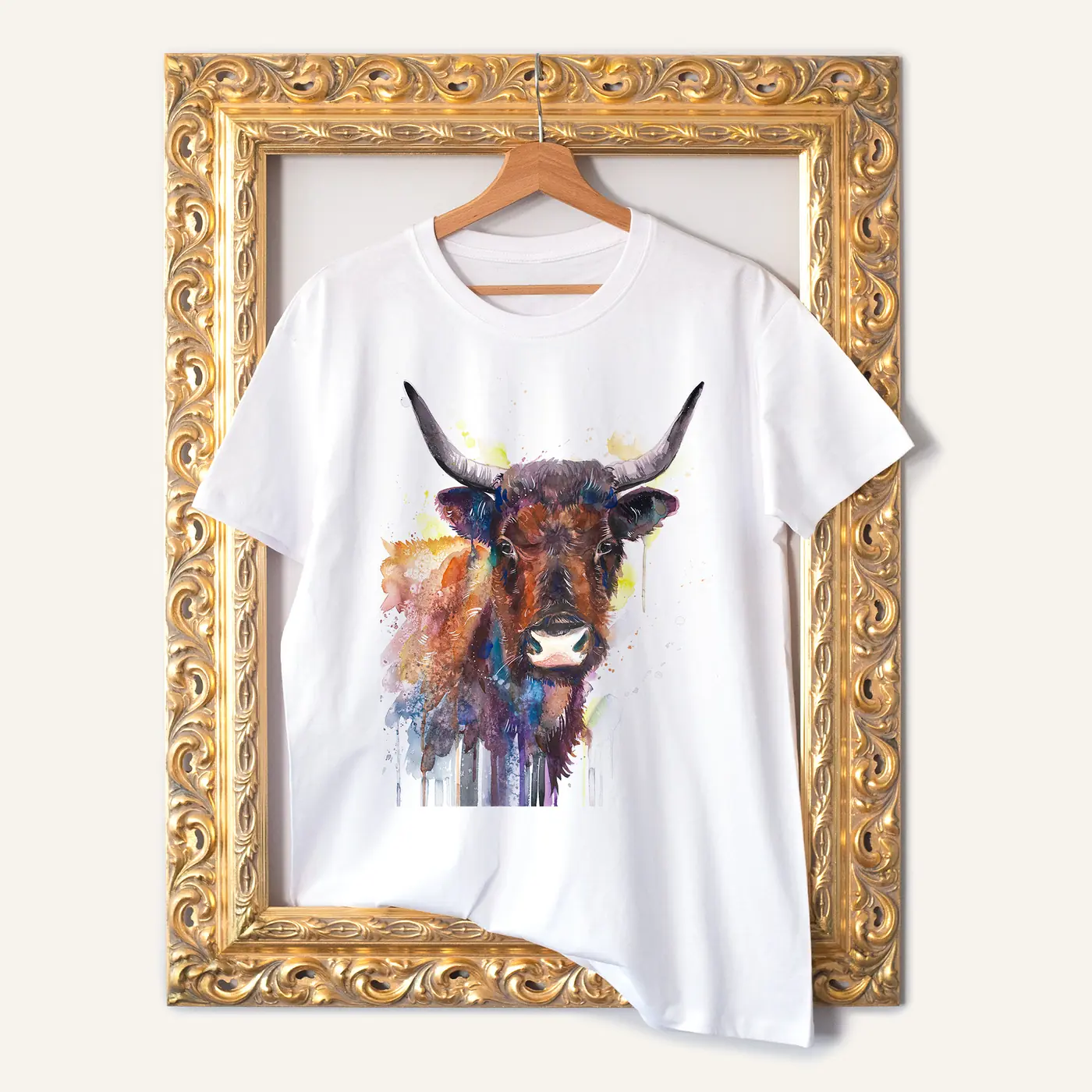 White t-shirt with a watercolour horned cow print